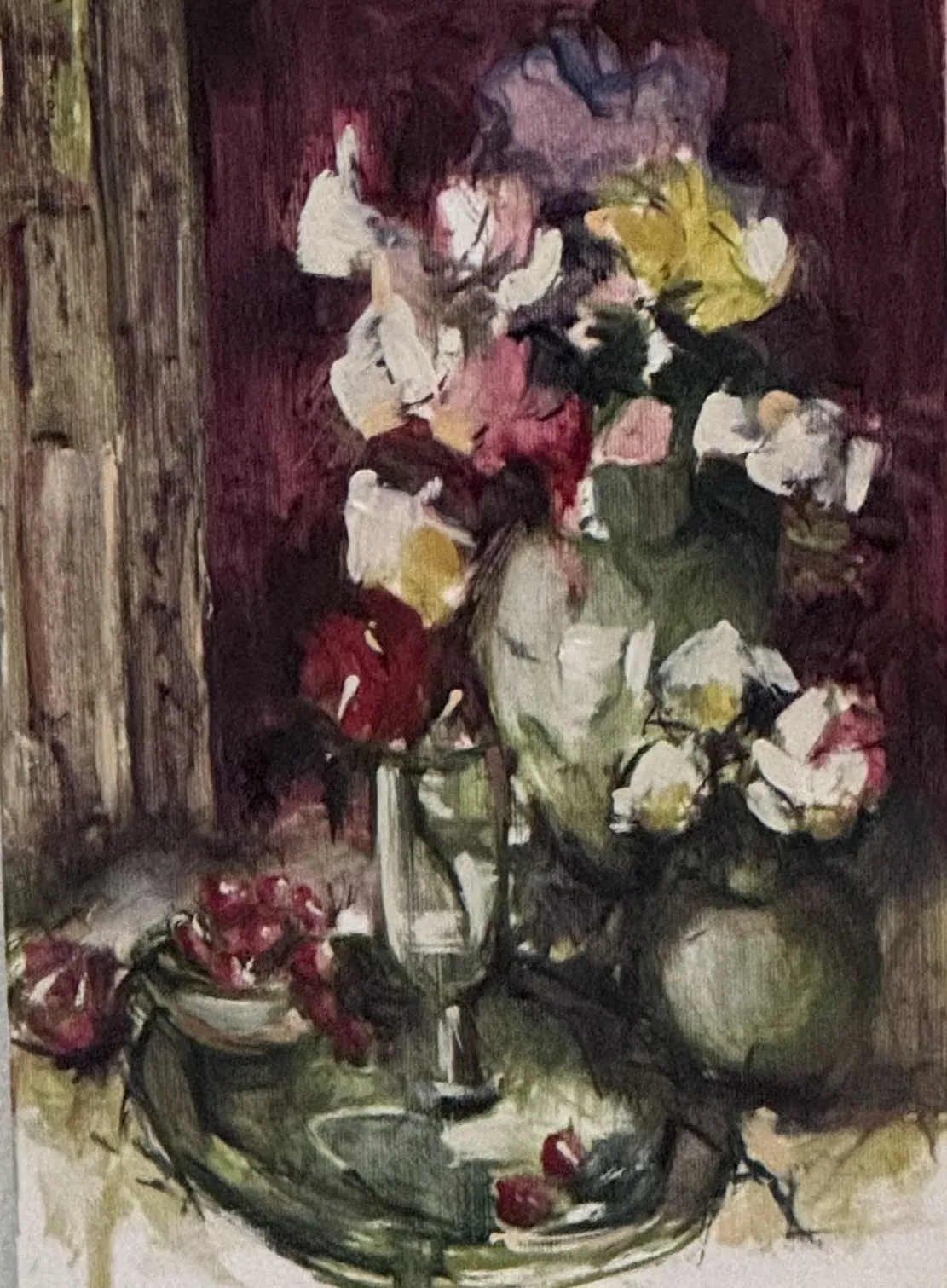 White and yellow blooms in two vessels against a wine-red ground