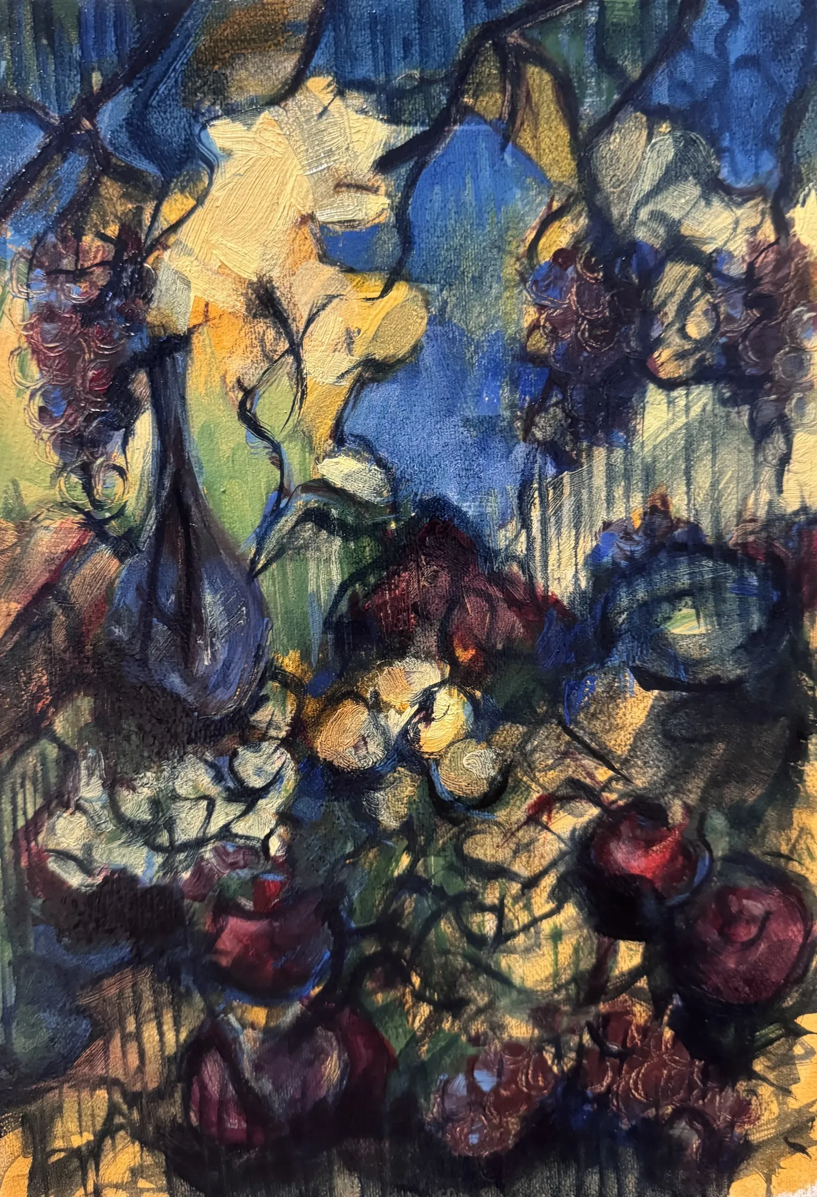 Dense flowers and fruit in blue and yellow light