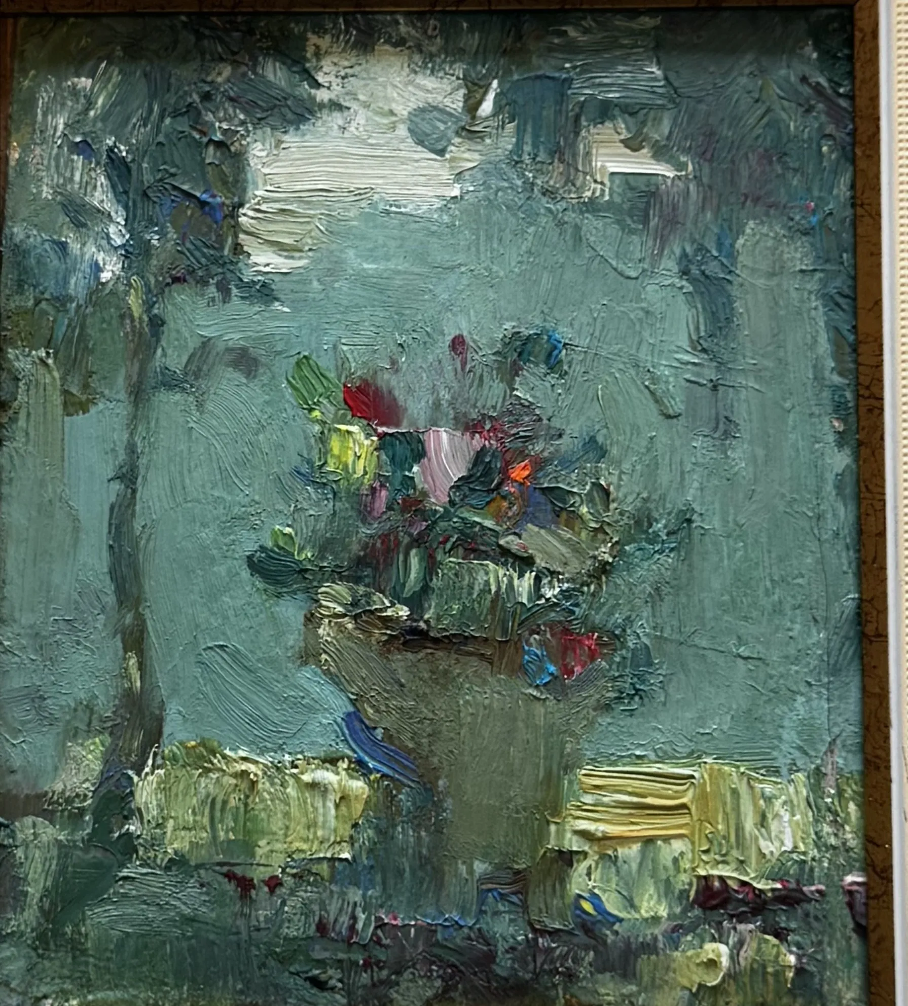 Small flower study, thick paint on green