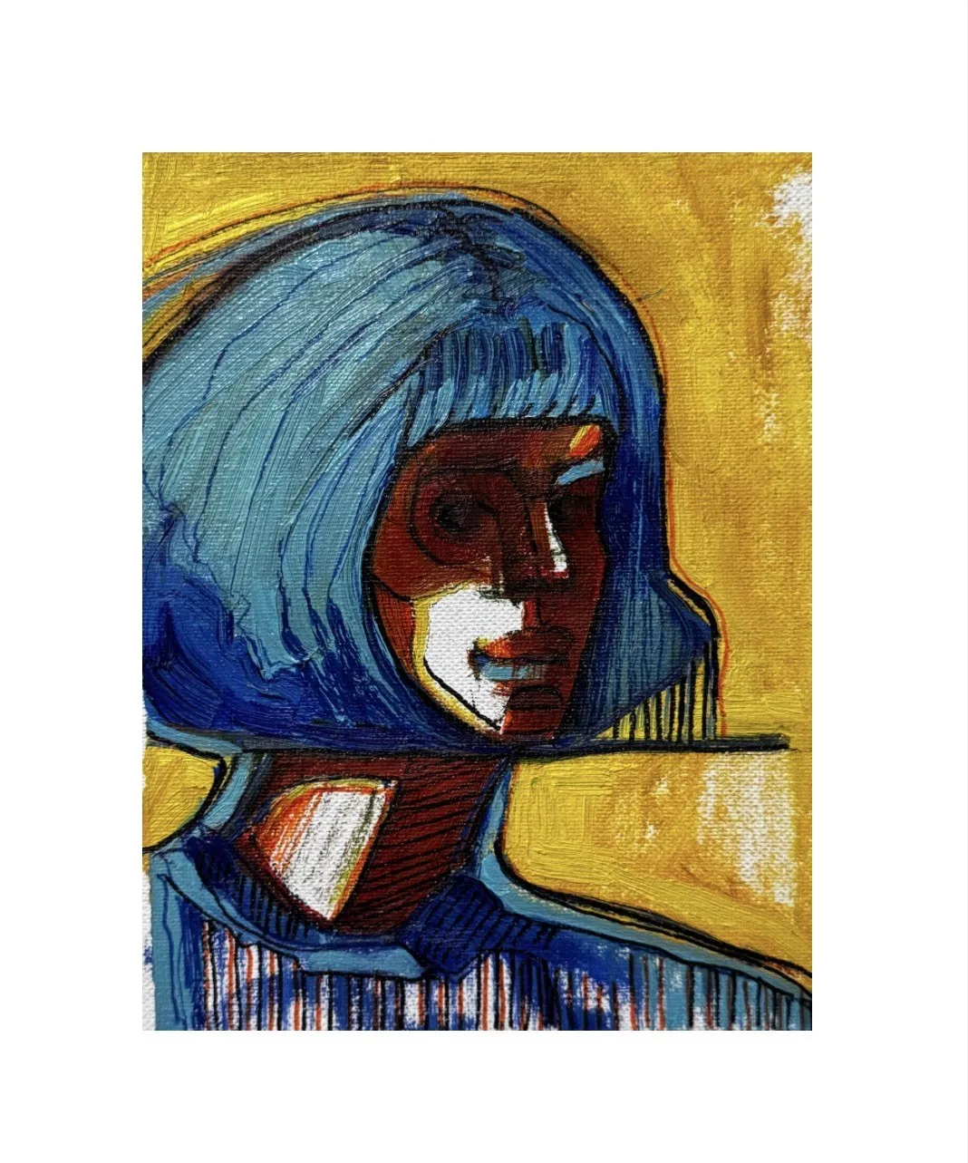 Small painted self-portrait, blue hair against yellow