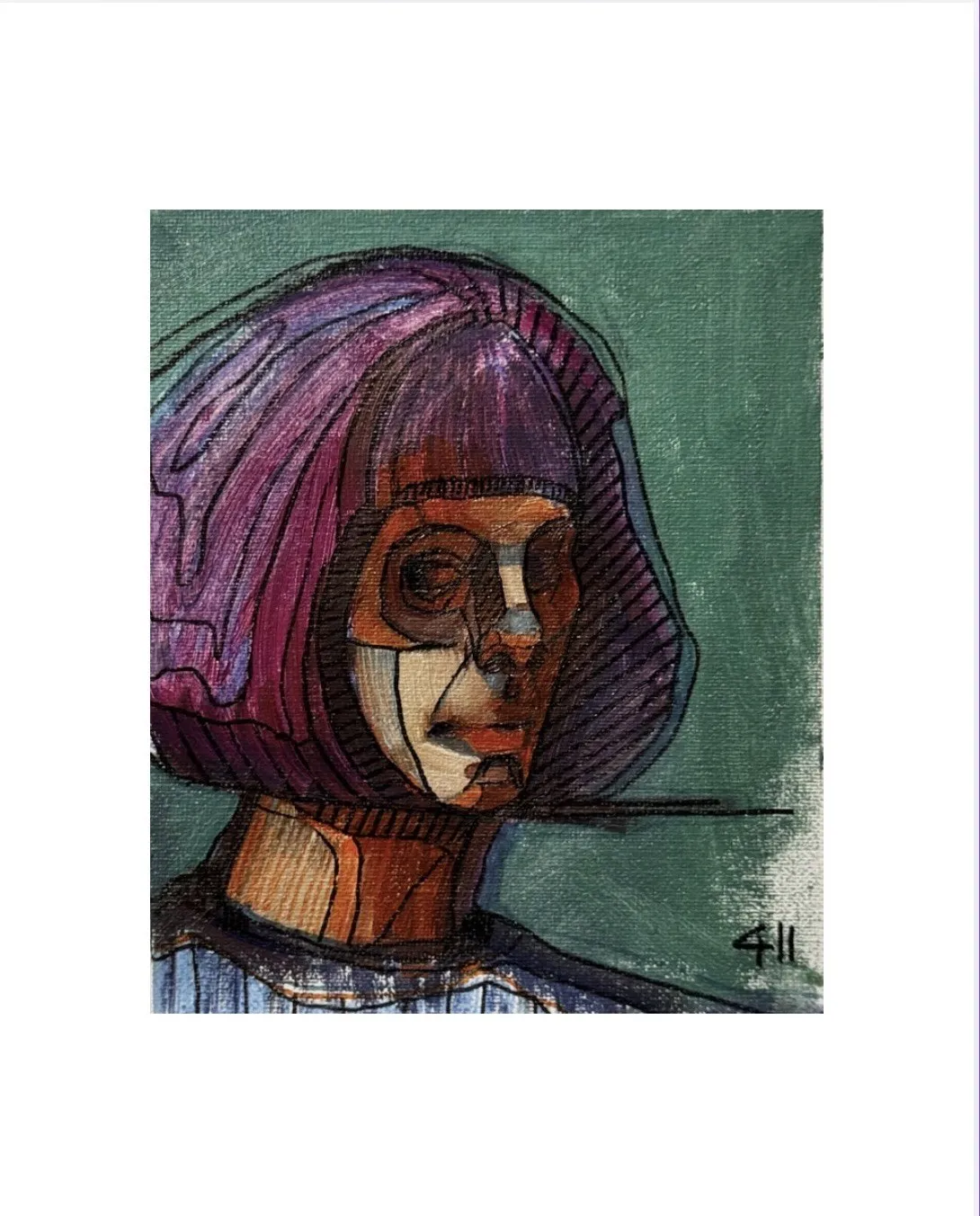 Small painted self-portrait, violet hair against green