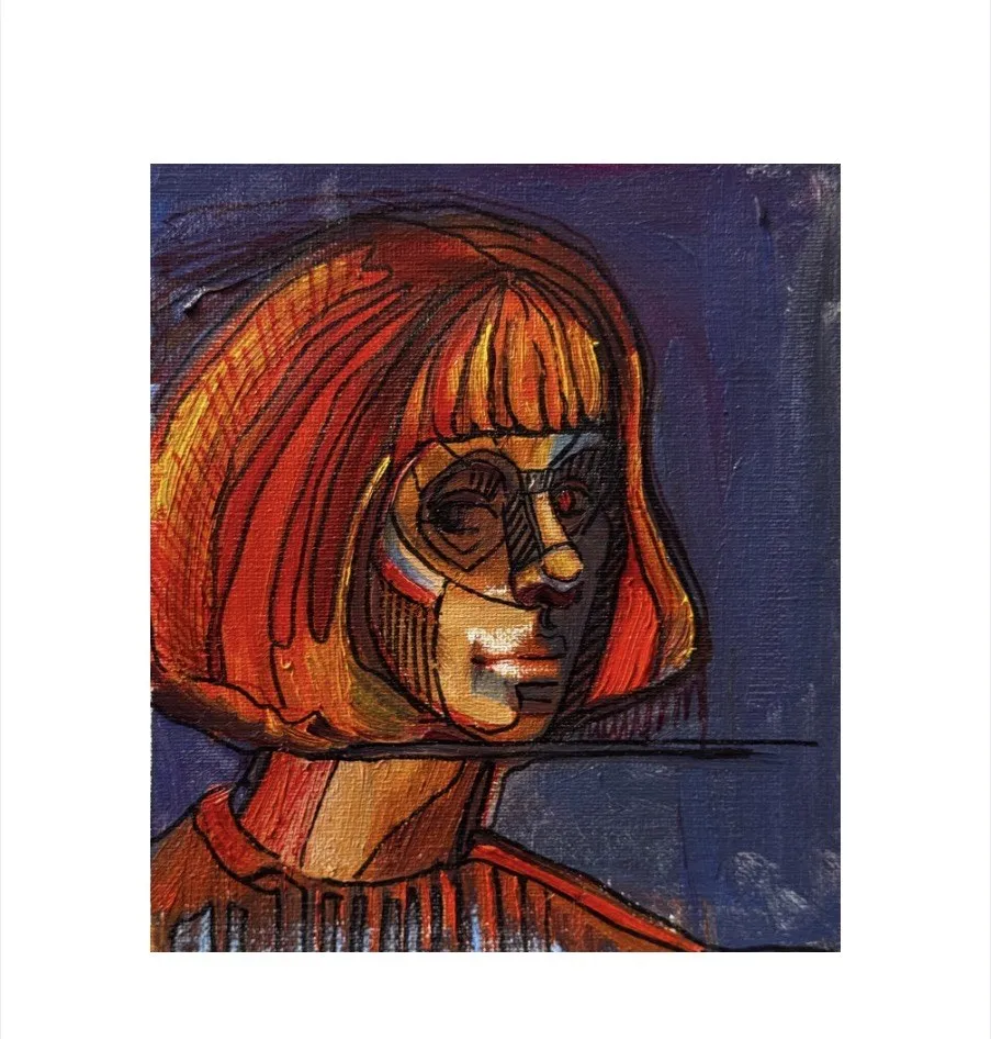 Small painted self-portrait, orange hair against deep blue