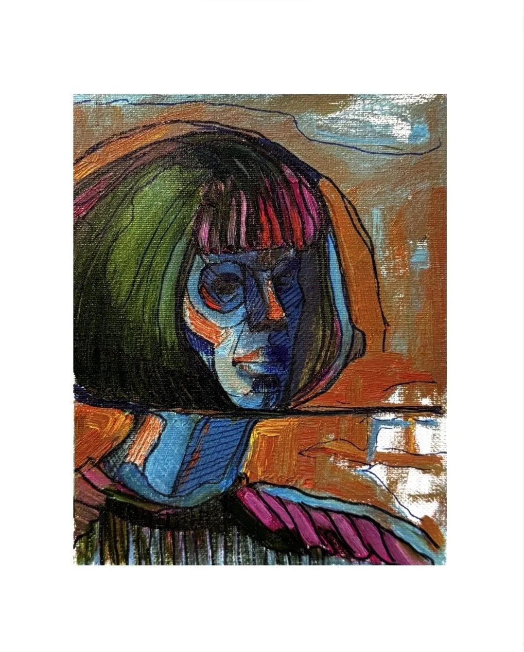 Small painted self-portrait, green and blue over ochre
