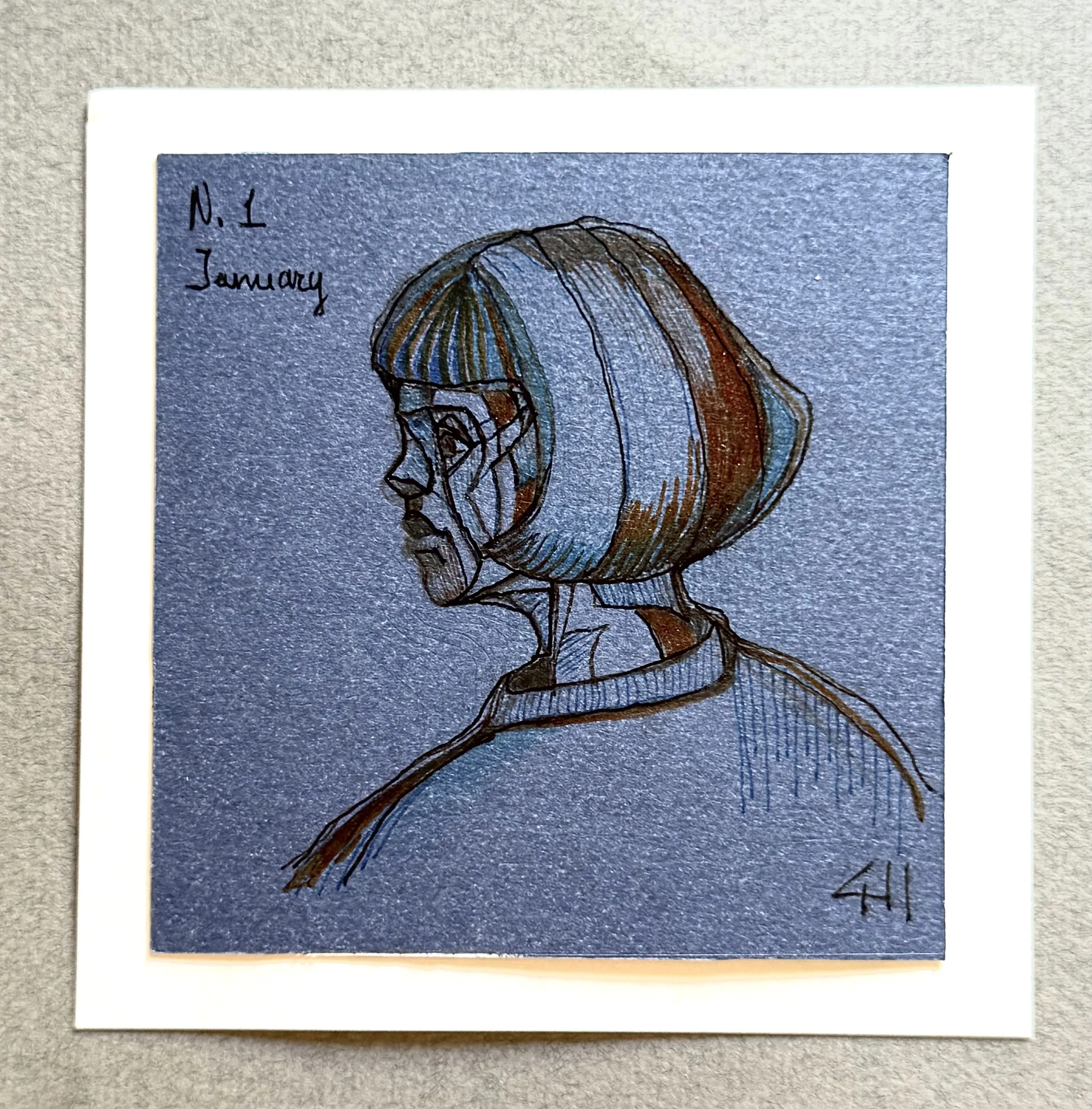 Drawn self-portrait on blue paper, inscribed N. 1 January