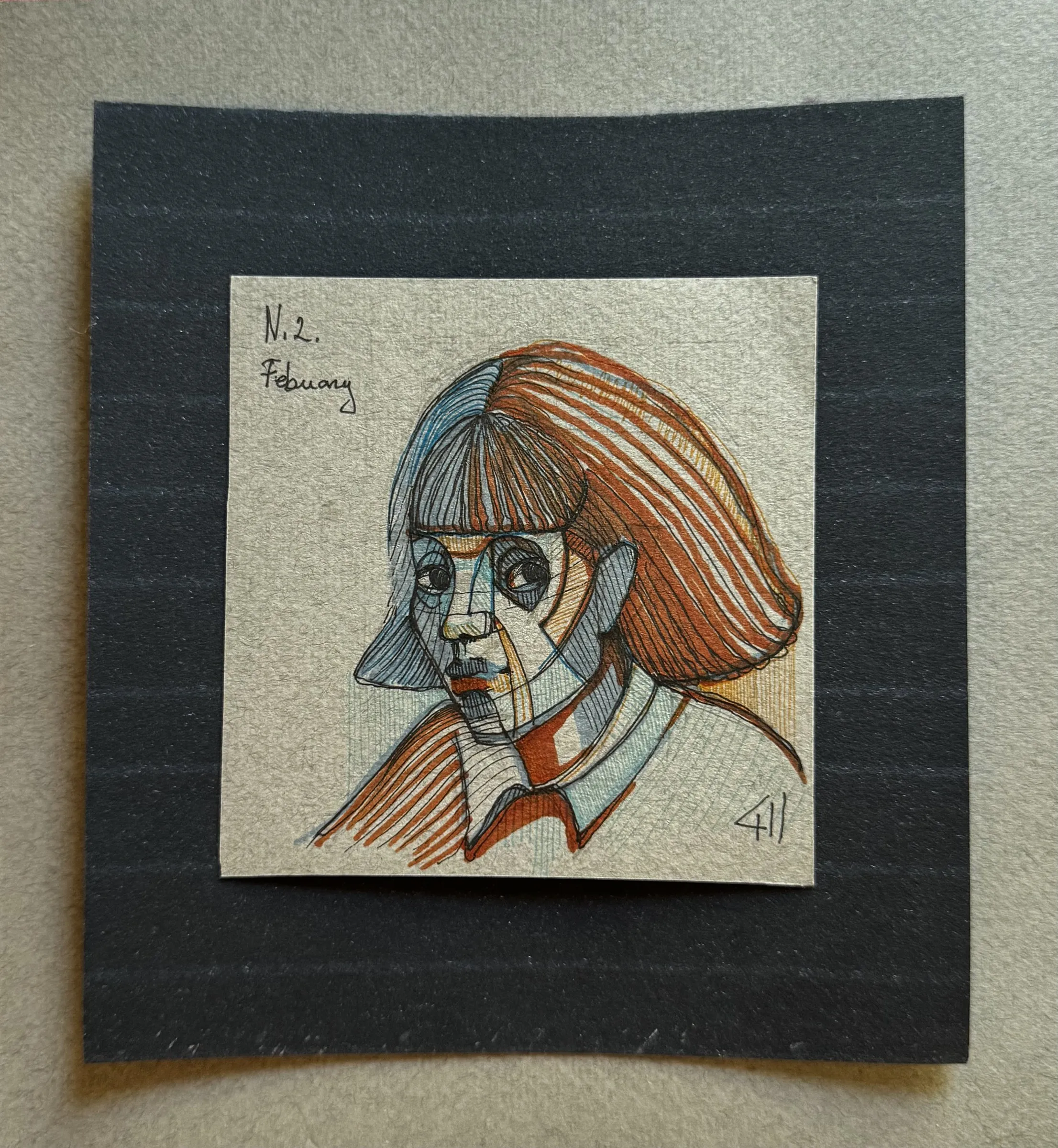 Drawn self-portrait on pale paper, inscribed N. 2 February