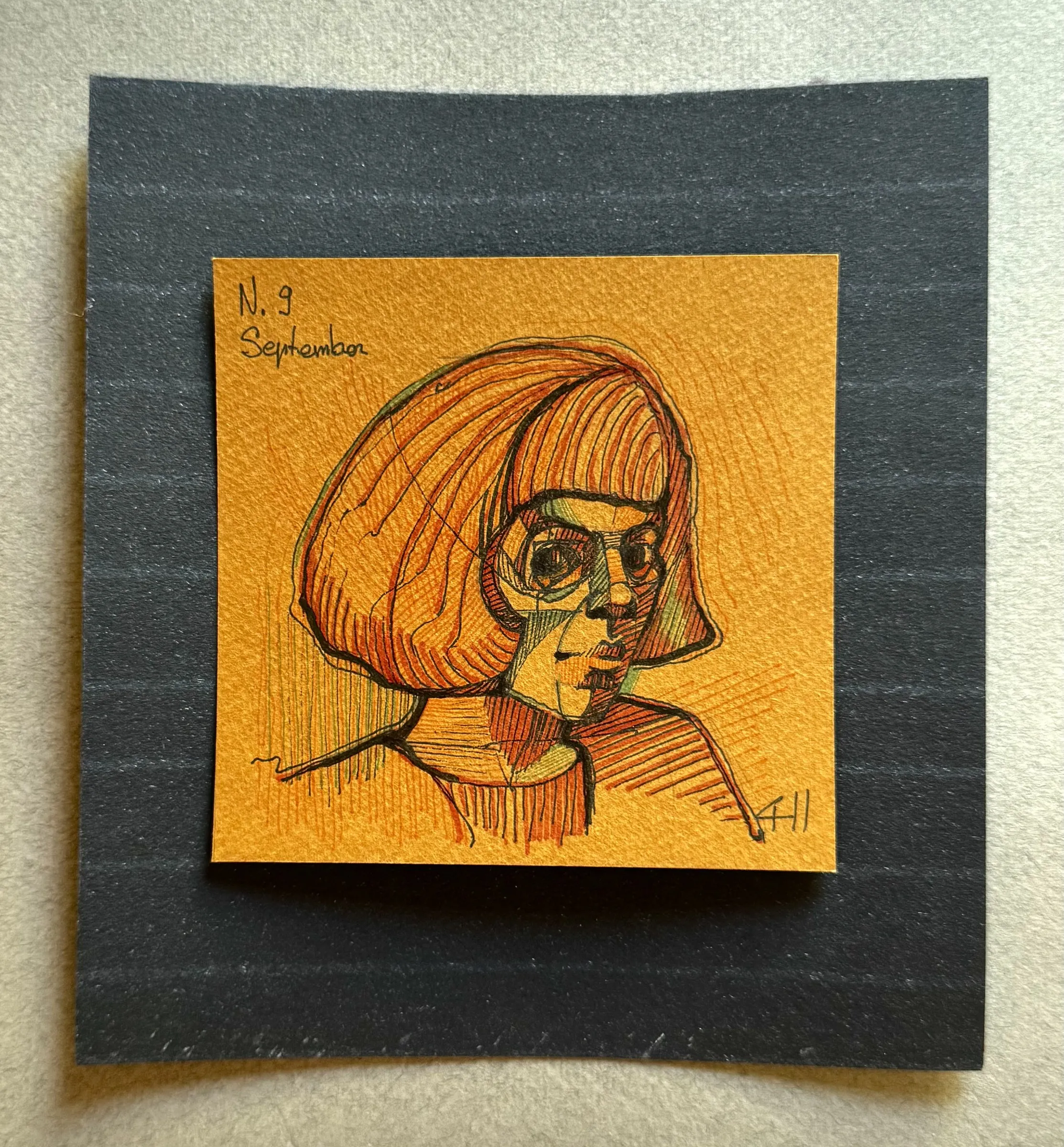 Drawn self-portrait on ochre paper, inscribed N. 9 September