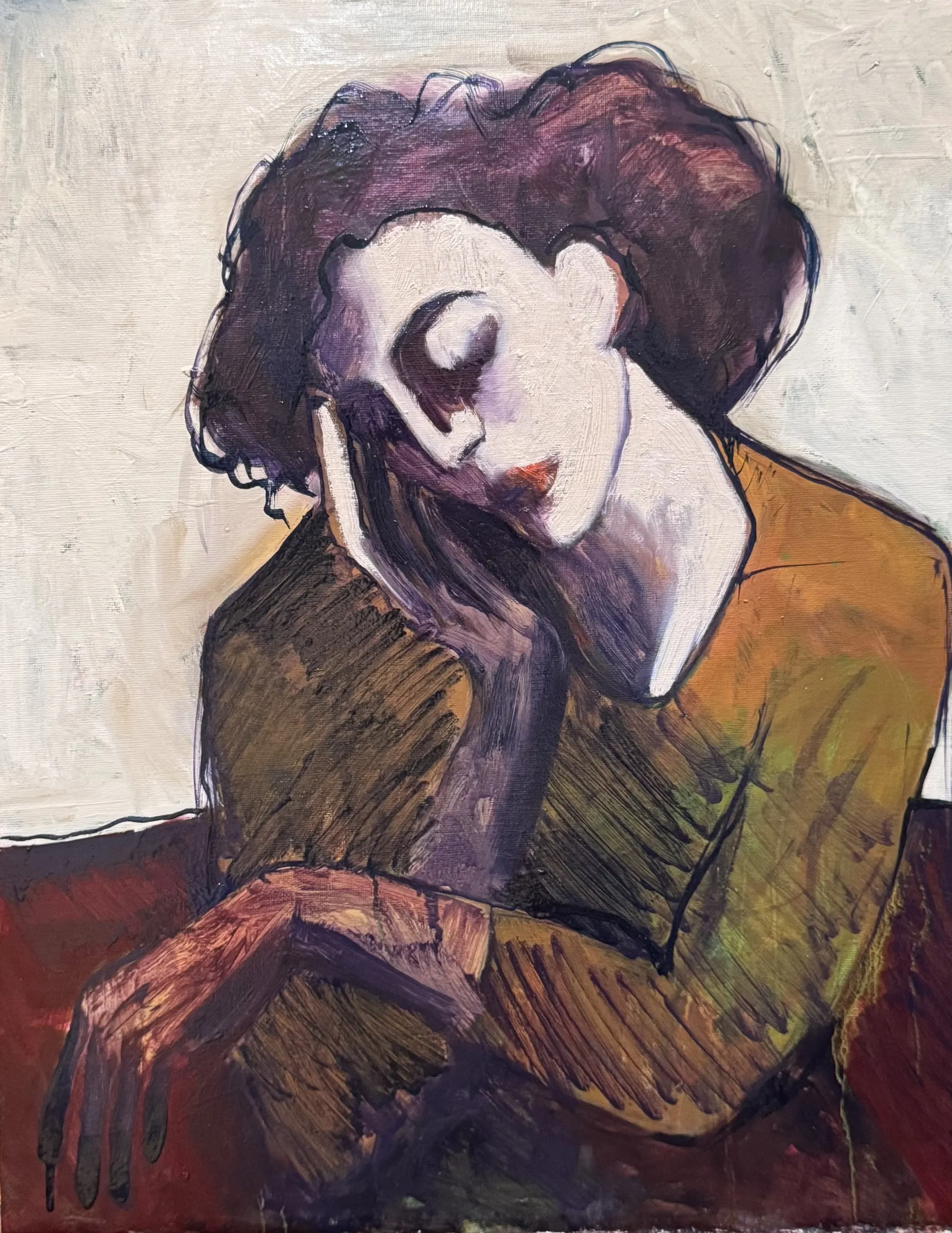 Woman resting her head on her hand, ochre and green