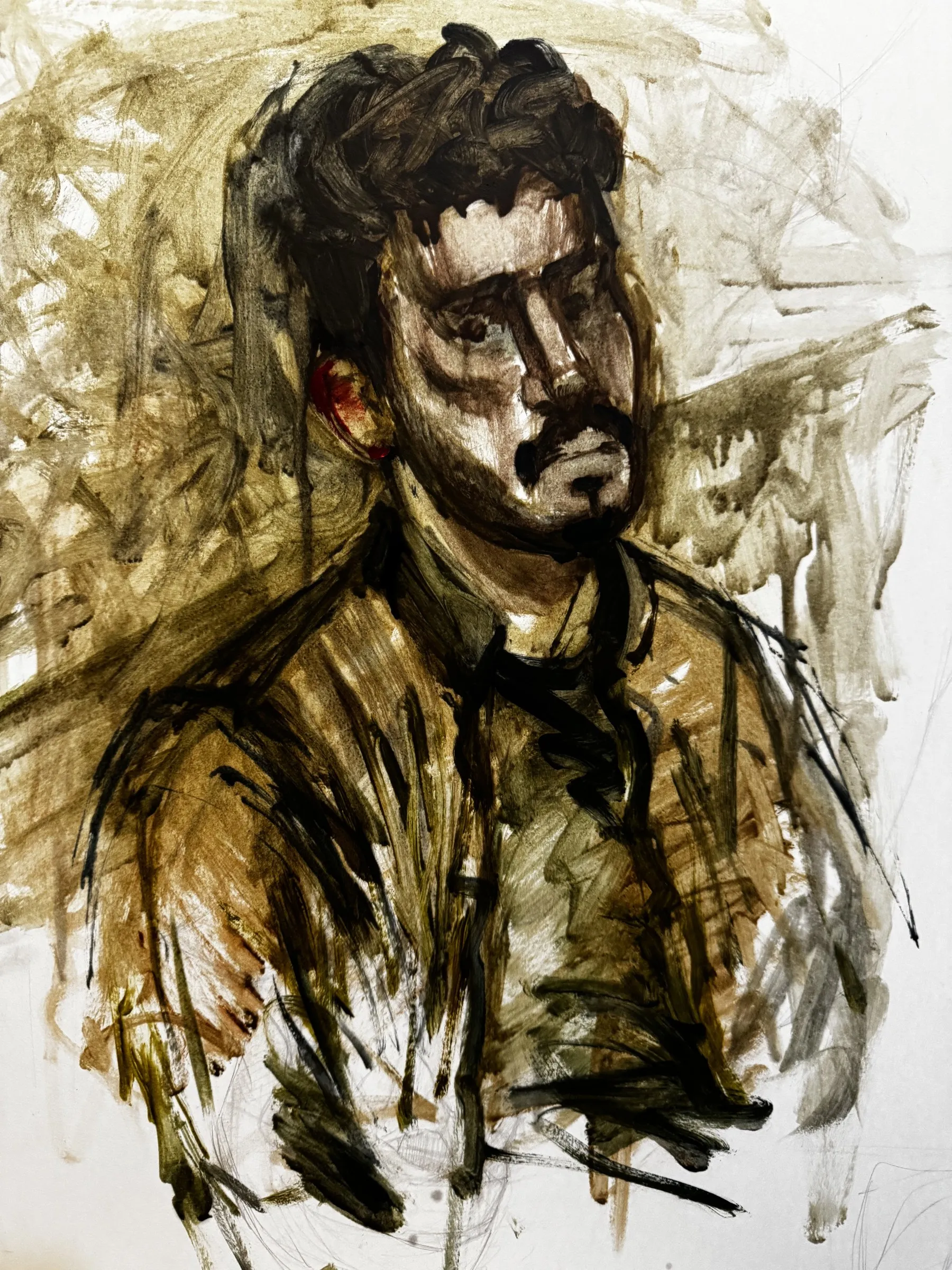 Bearded man brushed in sharp dark ink strokes