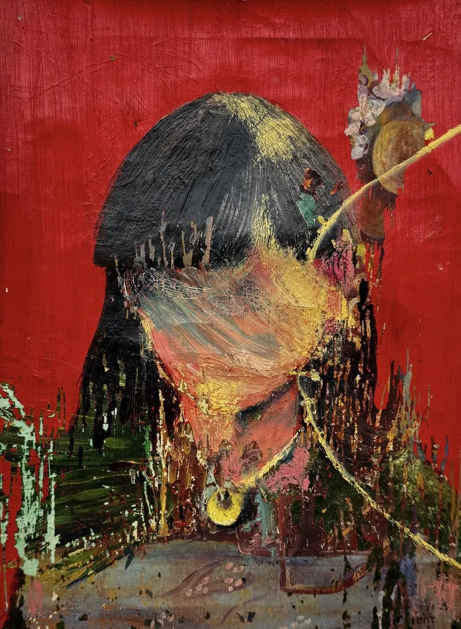 Painted head against a red ground, a gold line cutting across the face