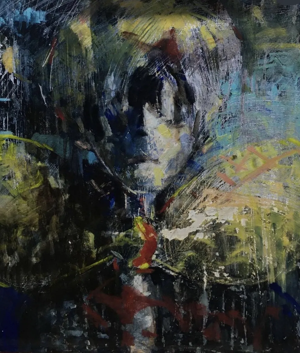 Dark blue and green figure marked with red