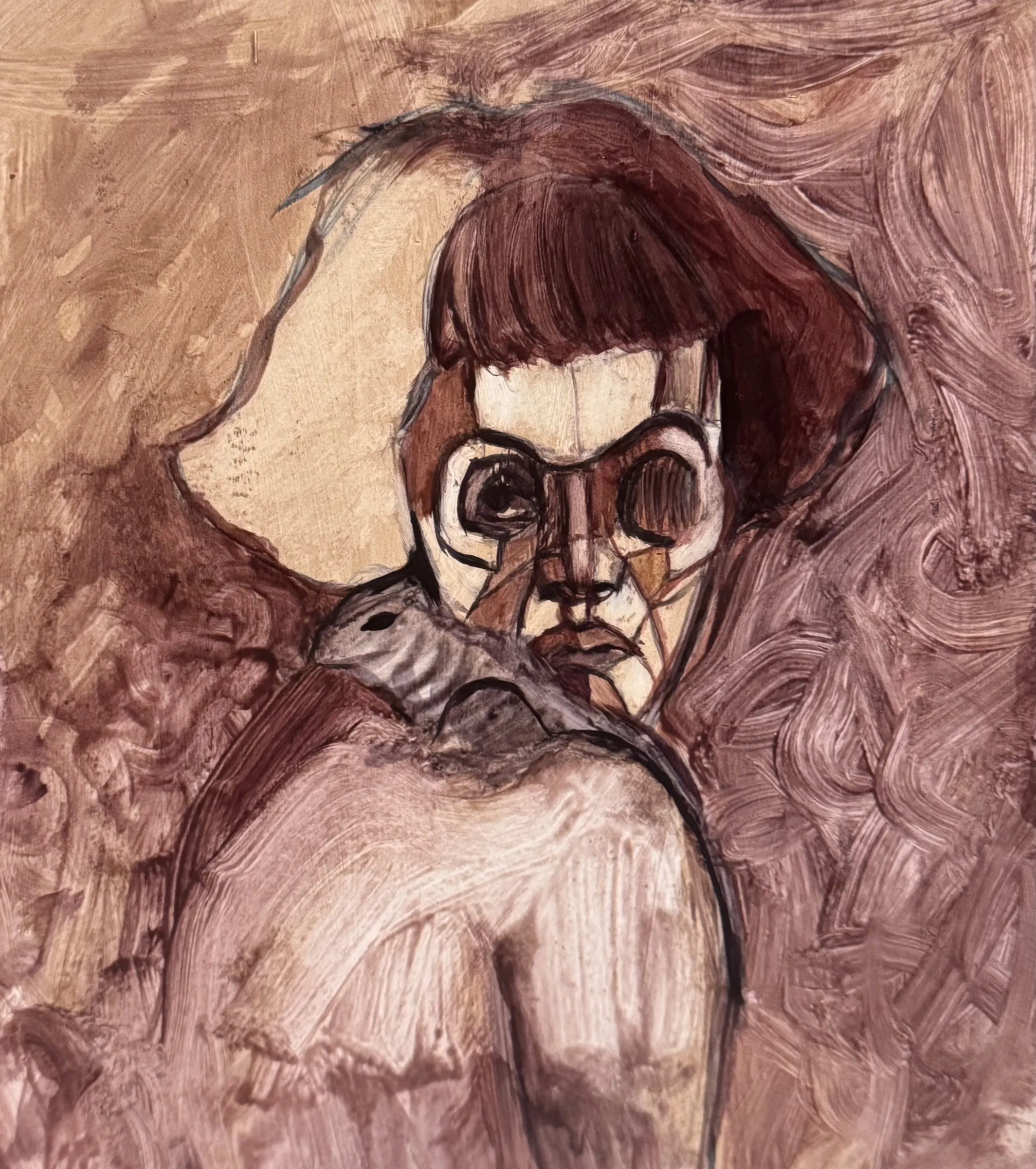 Pale pink mask-like face above a bare shoulder