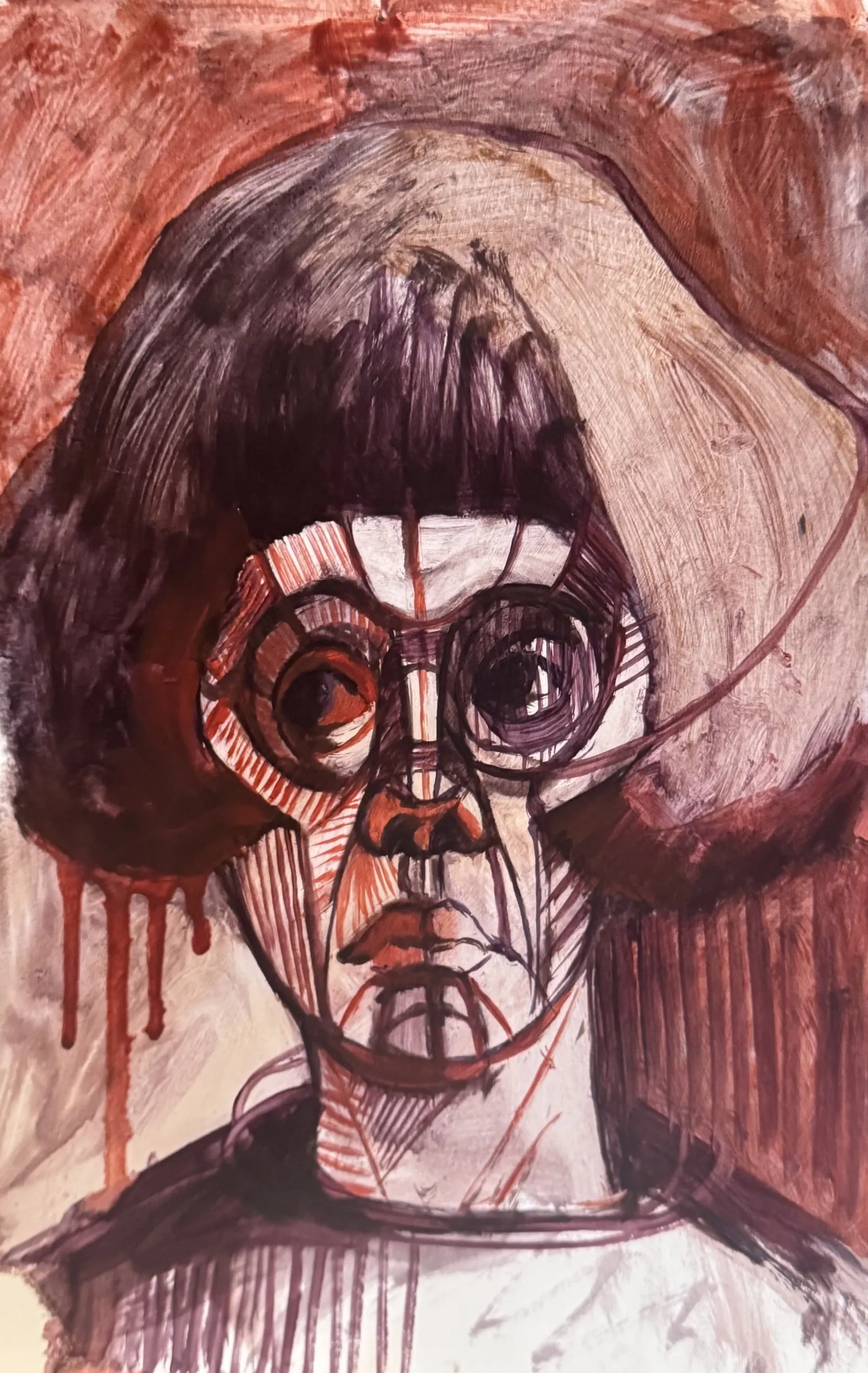 Mask-like face in rose, paint running down from the eyes