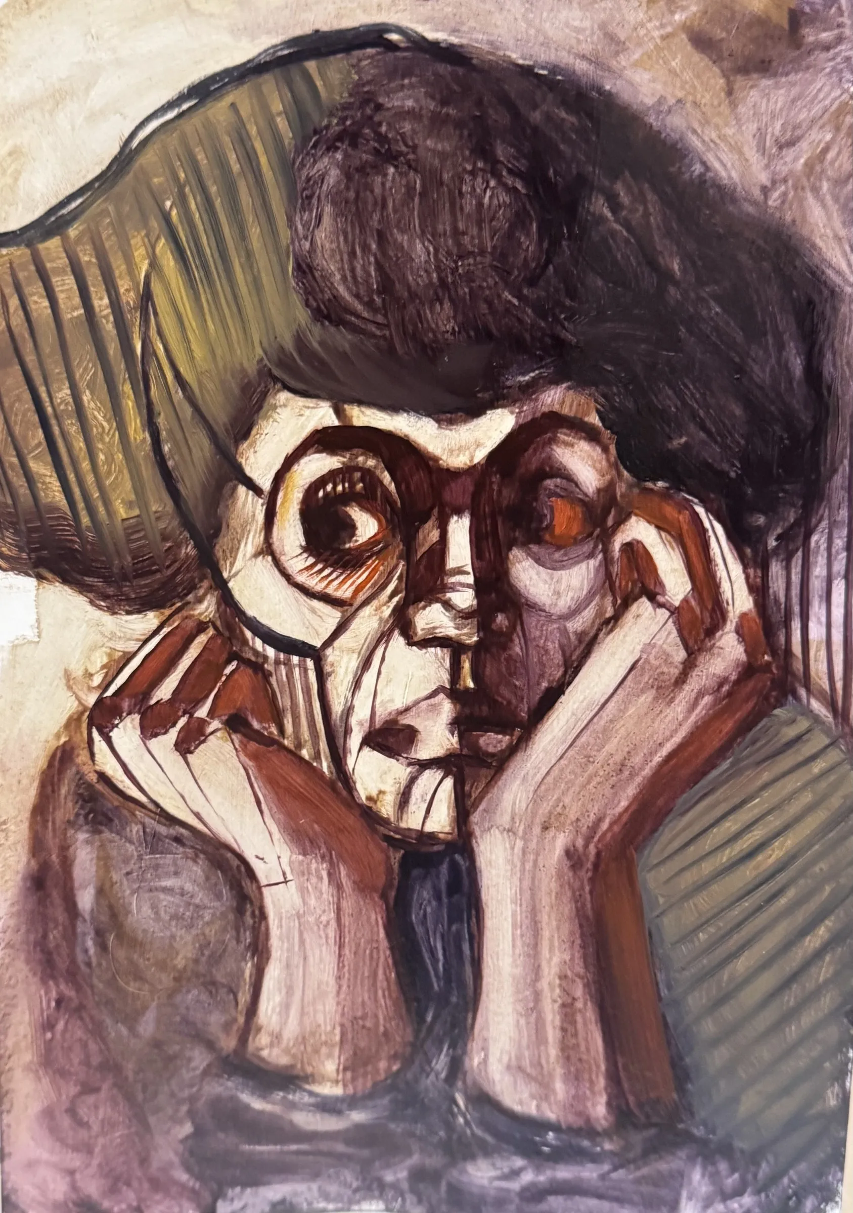 Face resting on both hands, ochre and pink