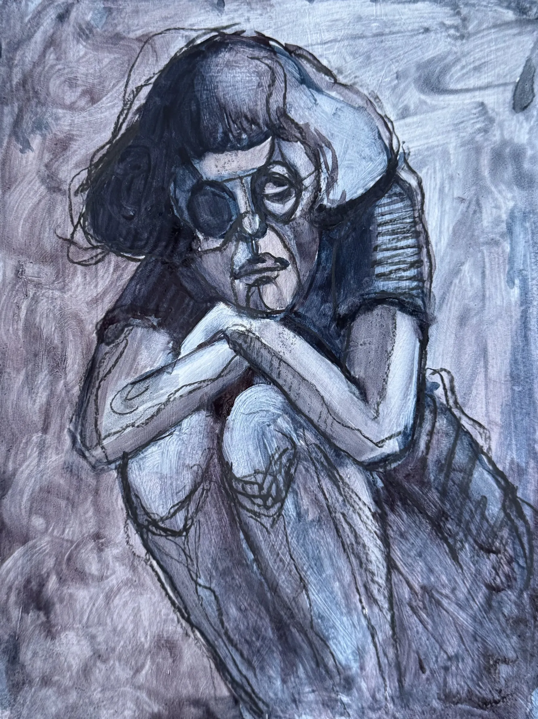 Seated nude in blue-grey, arms folded across the knees