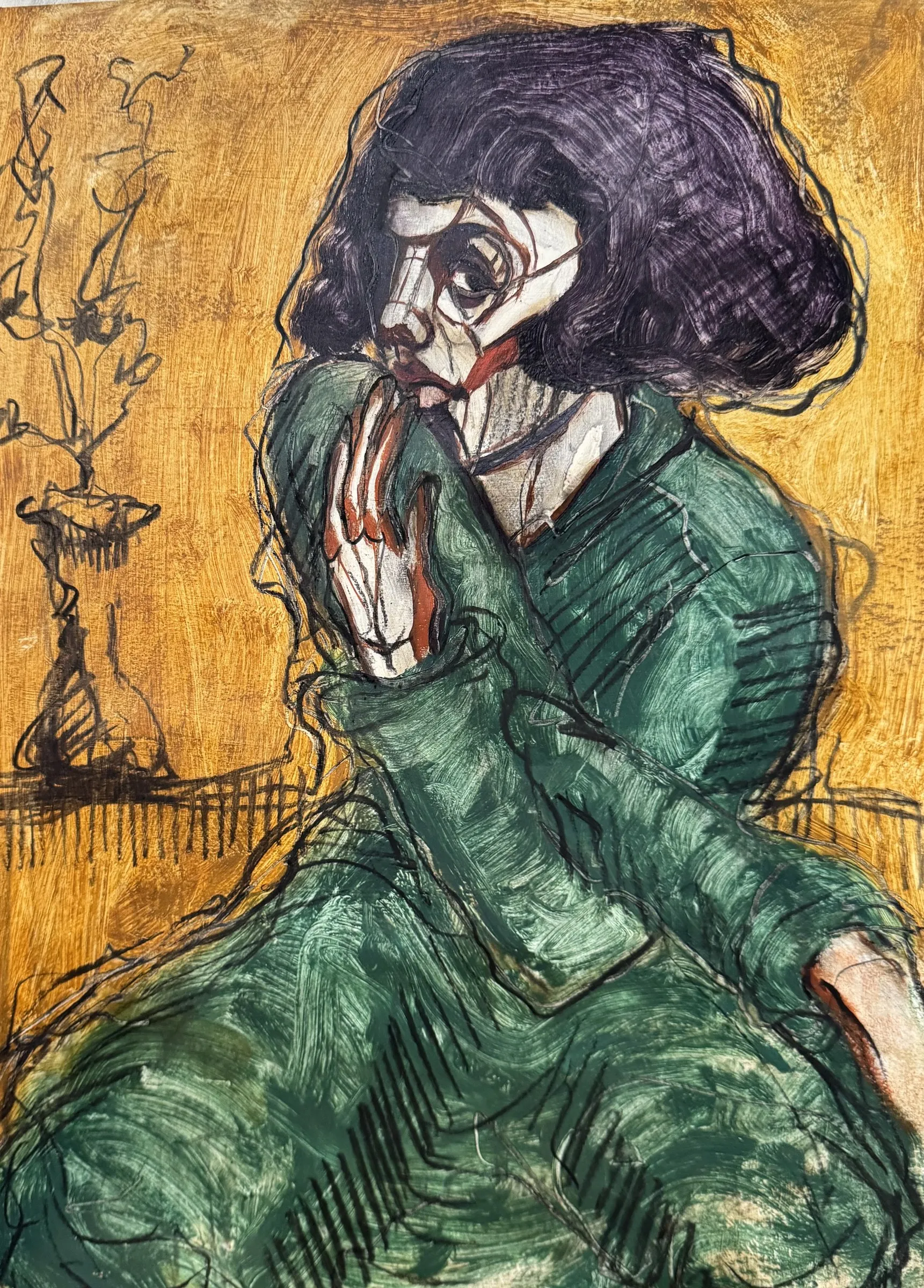 Figure in a green dress against yellow, hand raised to the face