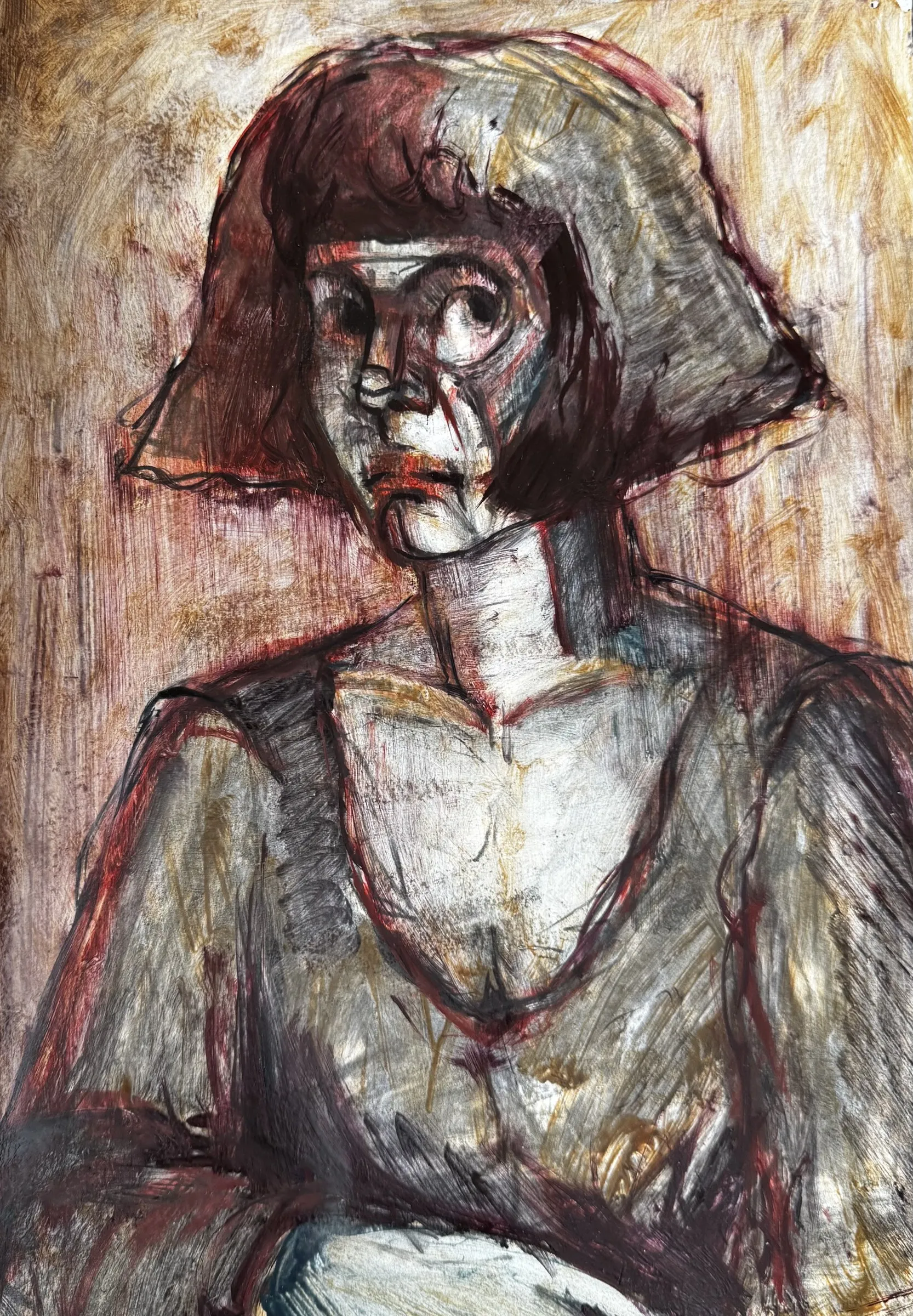 Frontal portrait under a pale hood, ochre and grey