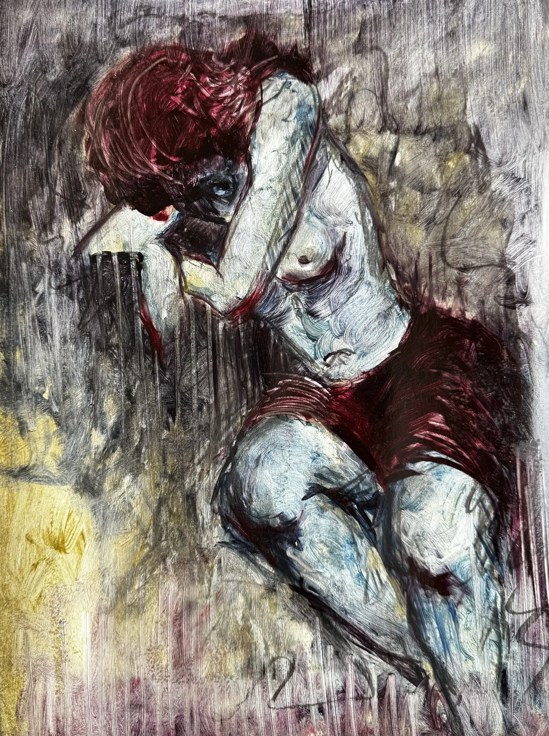Nude figure with red hair against a dark ground