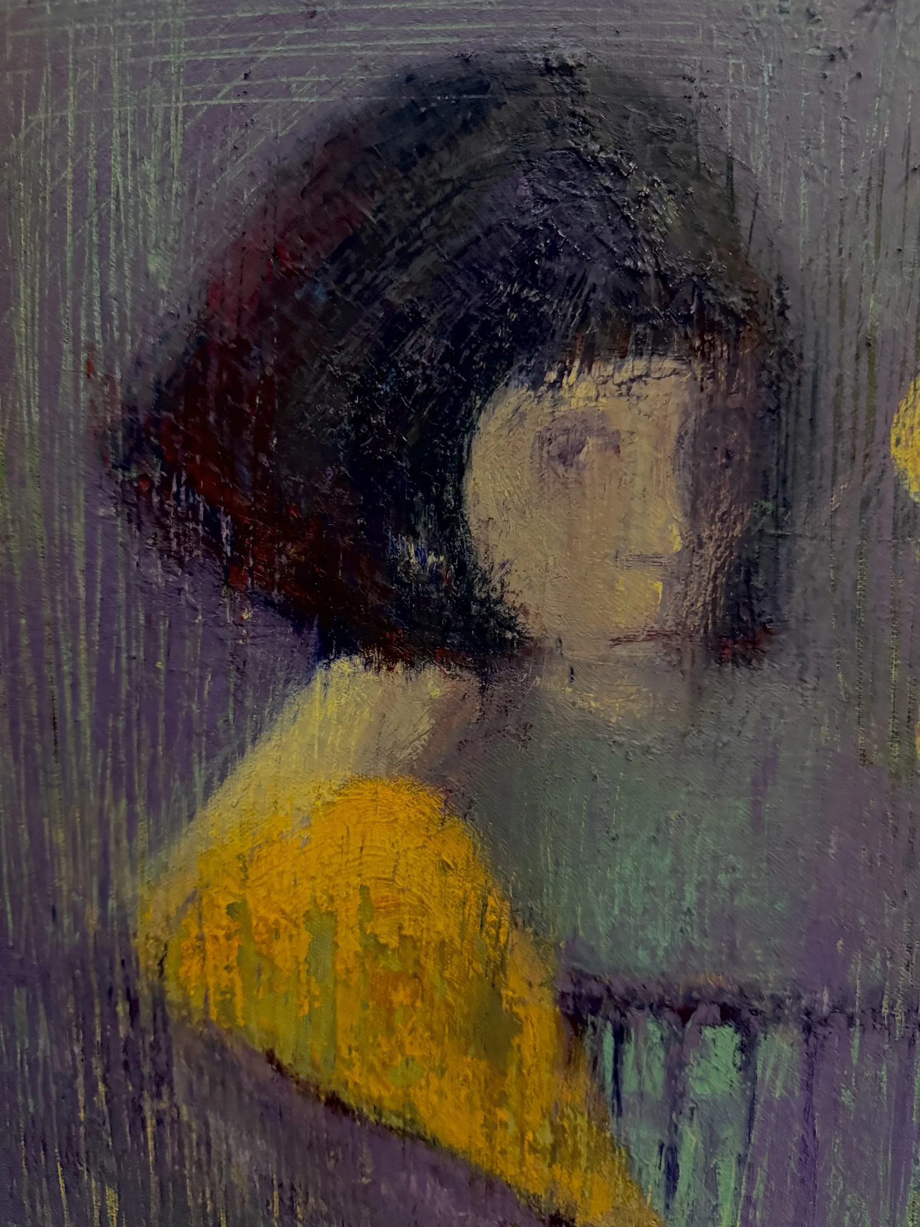 Quiet violet portrait, dark bob, a patch of yellow at the shoulder