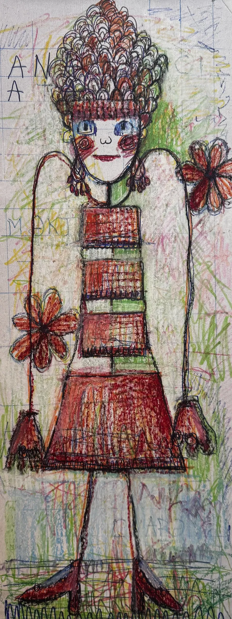 Naive figure in a crown with flowers, drawn on grid paper