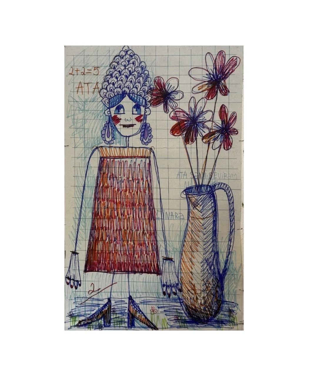 Naive girl beside a jug of flowers, drawn on grid paper