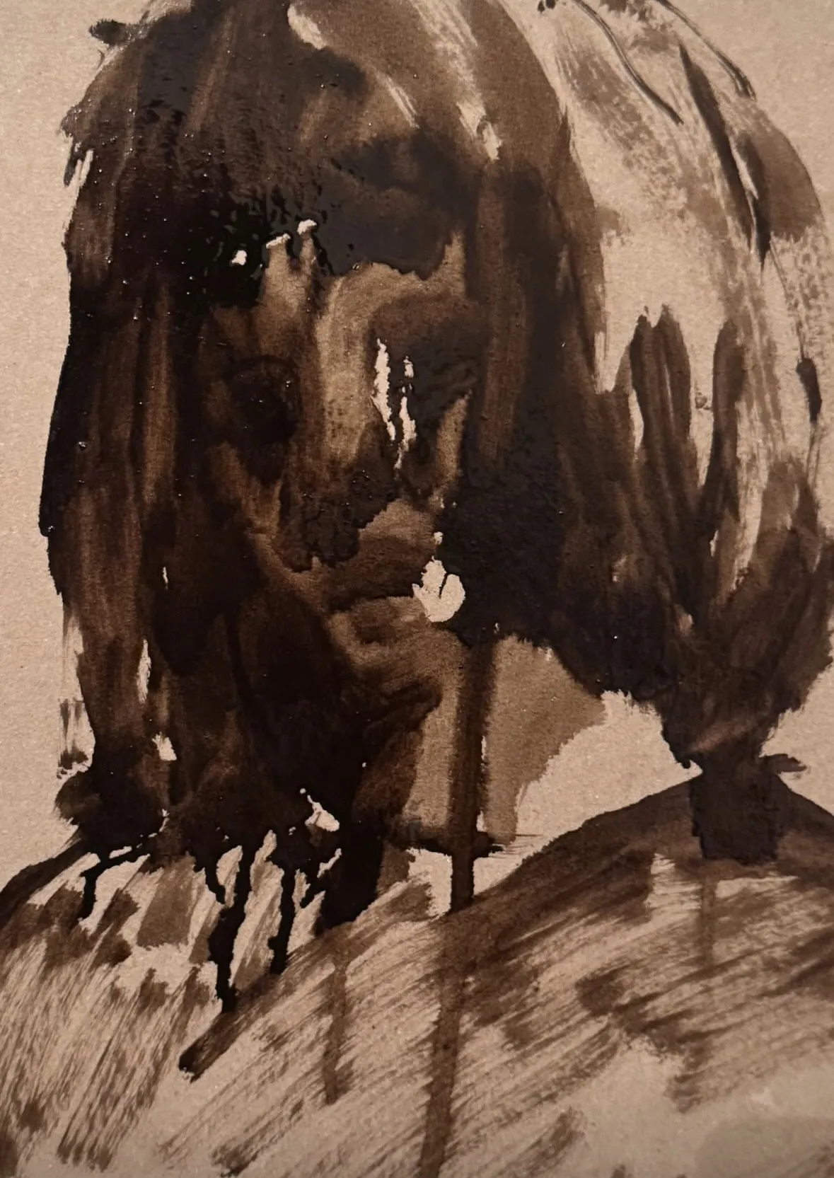 Brown ink wash, a head barely emerging
