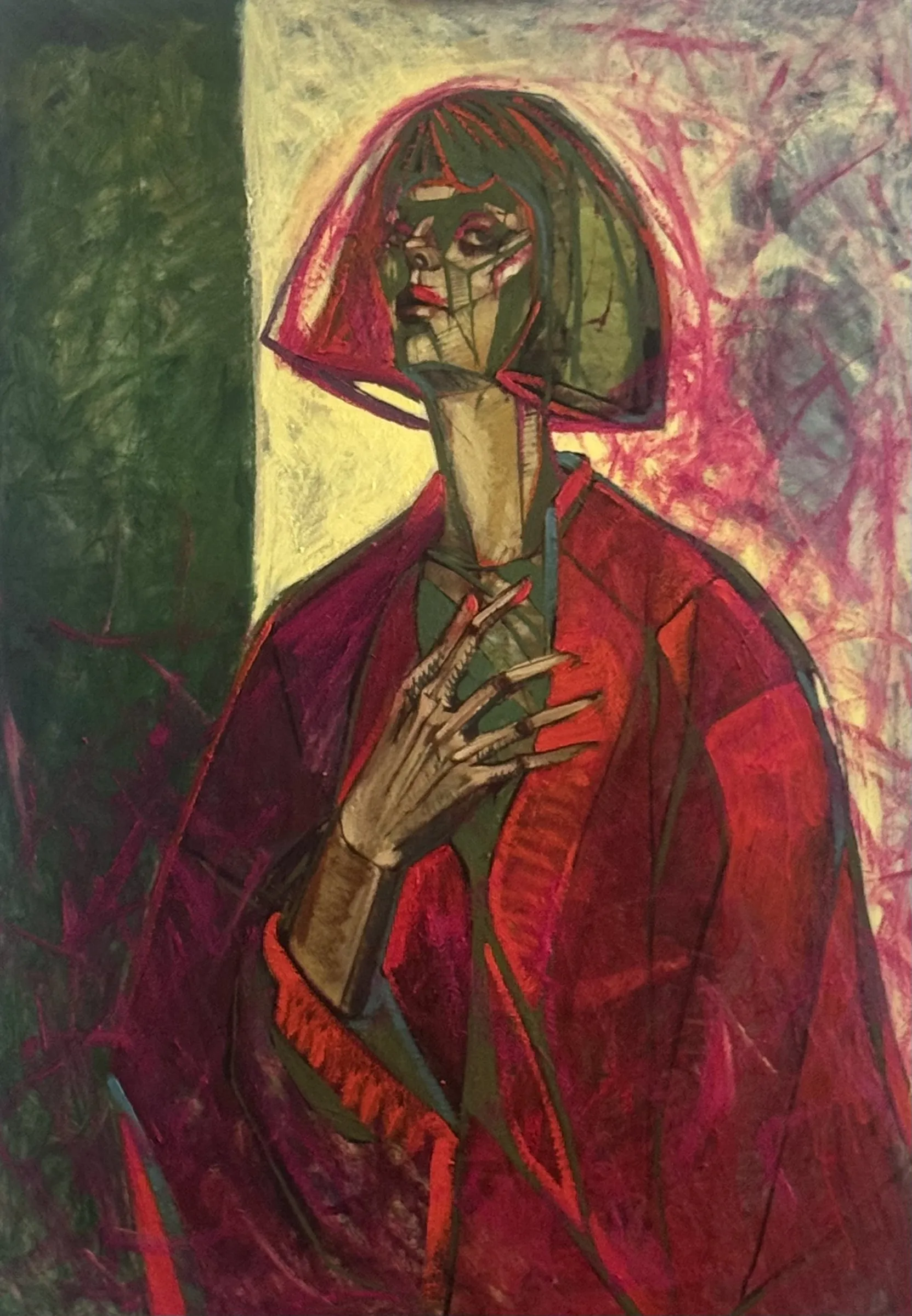 Figure in a red robe against green and yellow