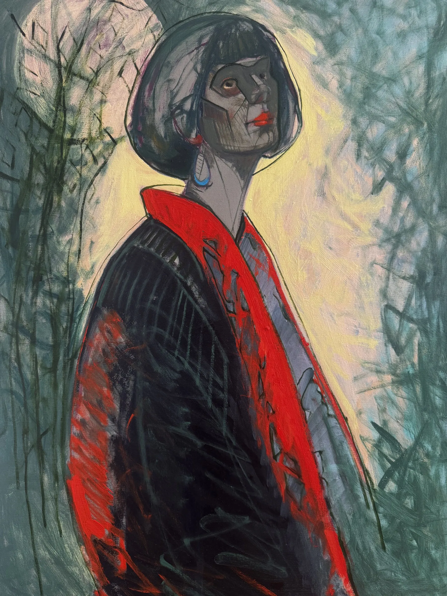 Dark figure with a red drape on a green ground