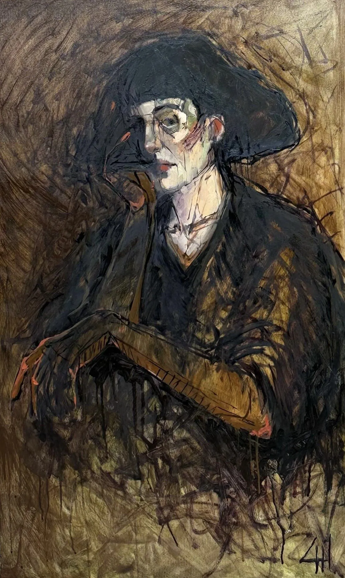Seated figure in a hat and dark coat