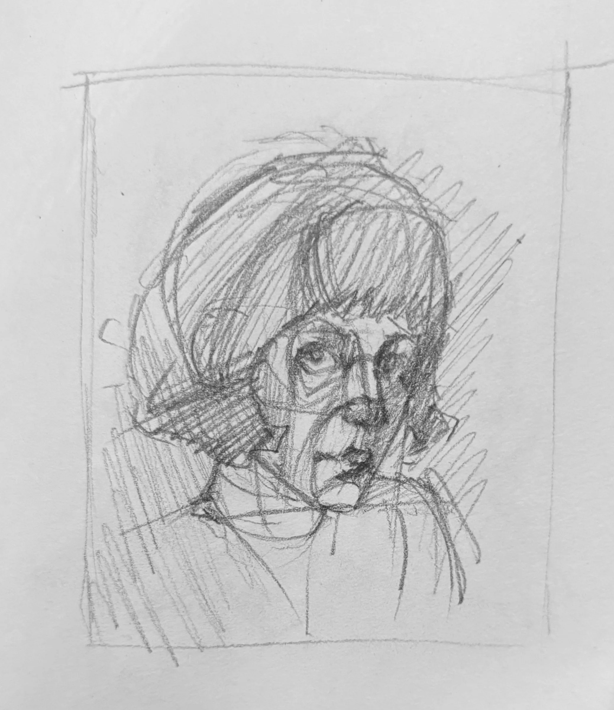 Pencil self-portrait study, sheet 1 of 16 — head and shoulders inside a drawn frame