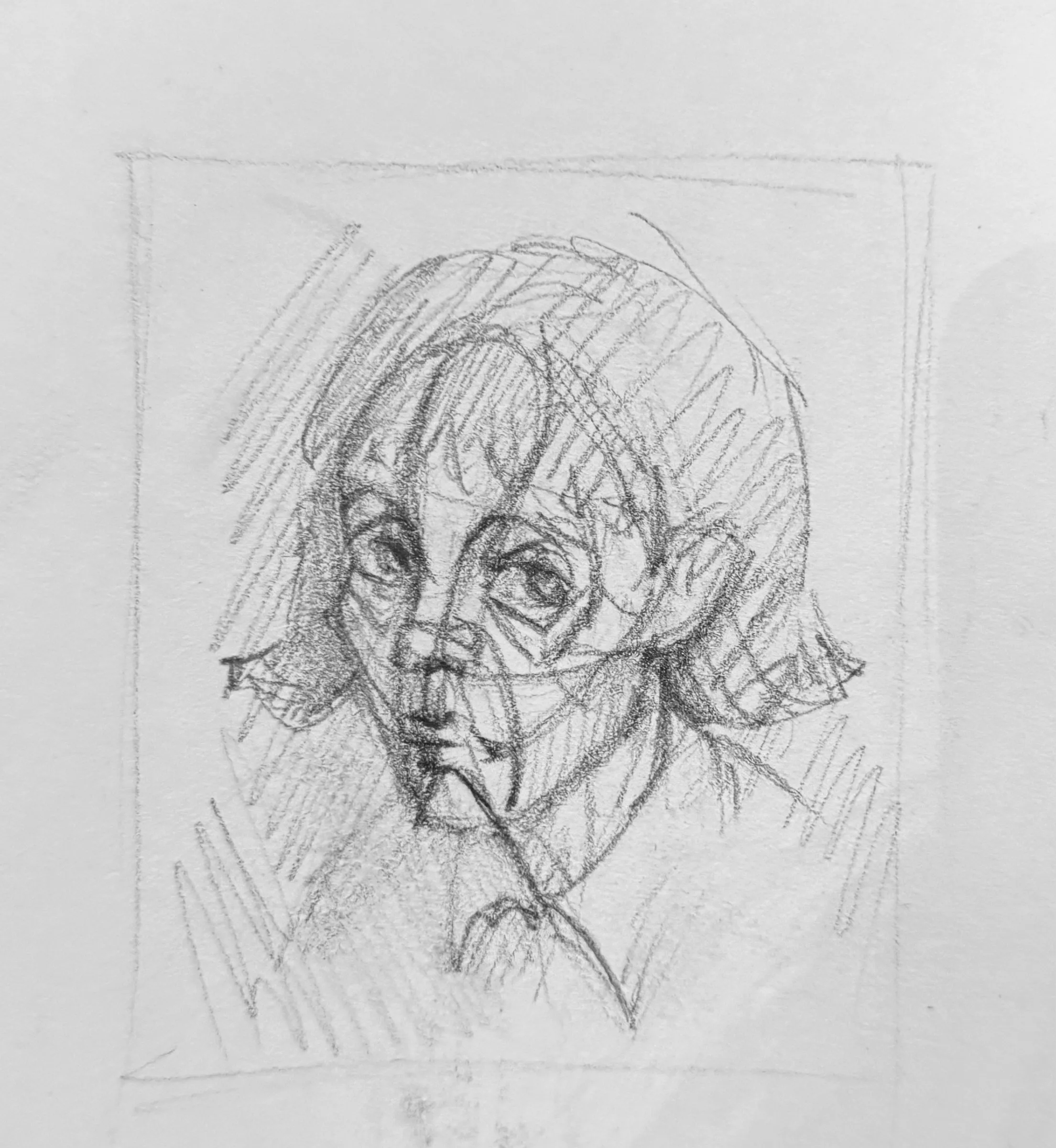 Pencil self-portrait study, sheet 2 of 16 — head and shoulders inside a drawn frame