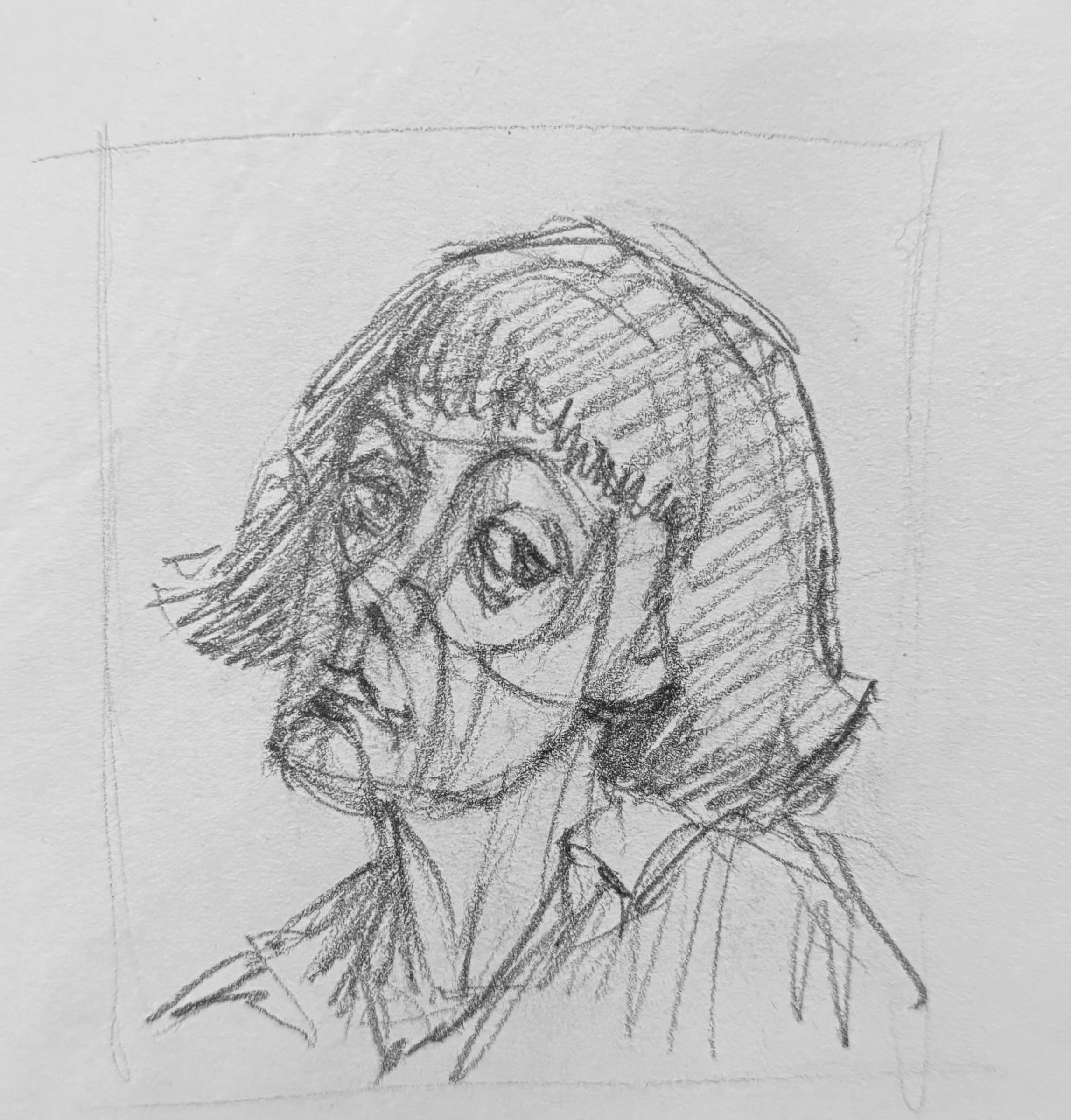 Pencil self-portrait study, sheet 3 of 16 — head and shoulders inside a drawn frame