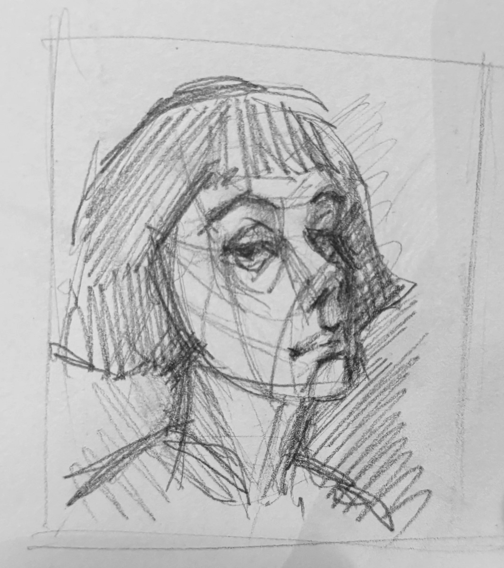 Pencil self-portrait study — head and shoulders inside a drawn frame