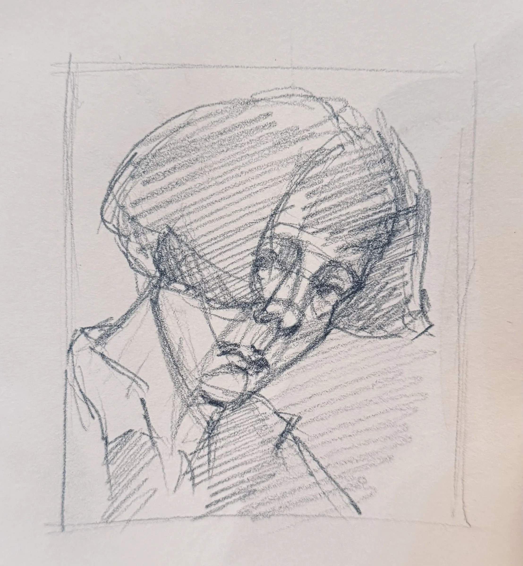 Pencil self-portrait study, sheet 5 of 16 — head and shoulders inside a drawn frame