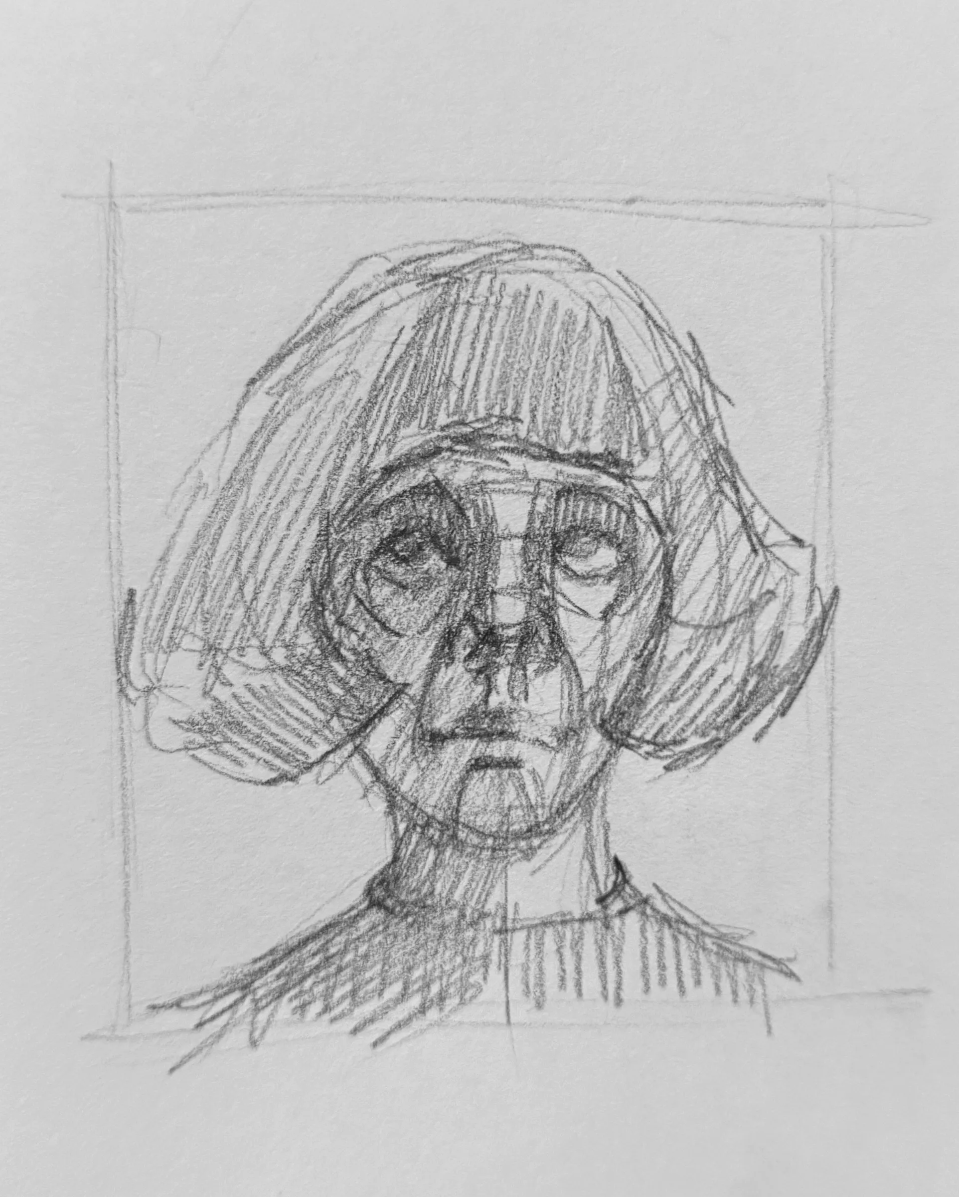 Pencil self-portrait study, sheet 6 of 16 — head and shoulders inside a drawn frame