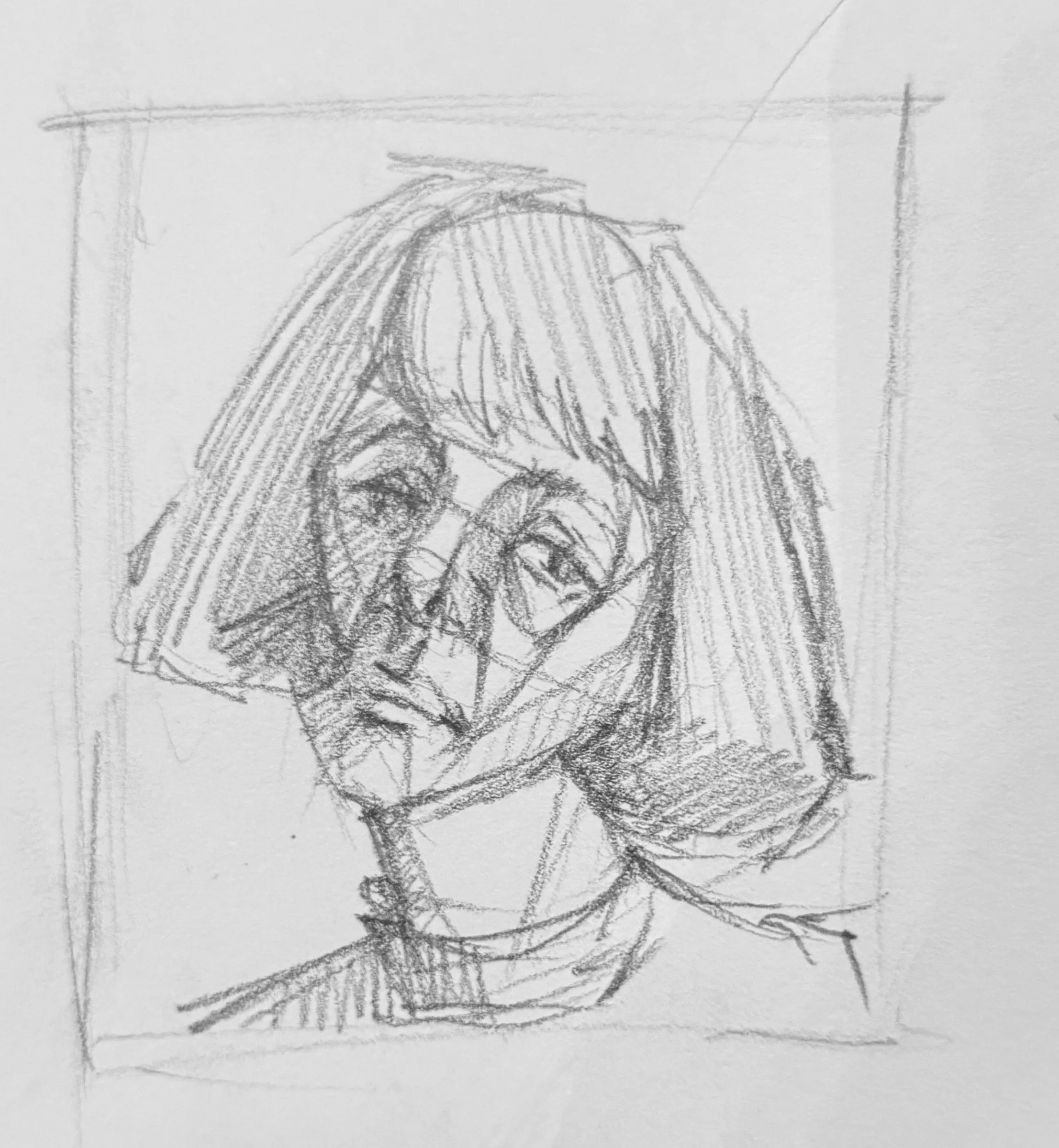 Pencil self-portrait study, sheet 7 of 16 — head and shoulders inside a drawn frame