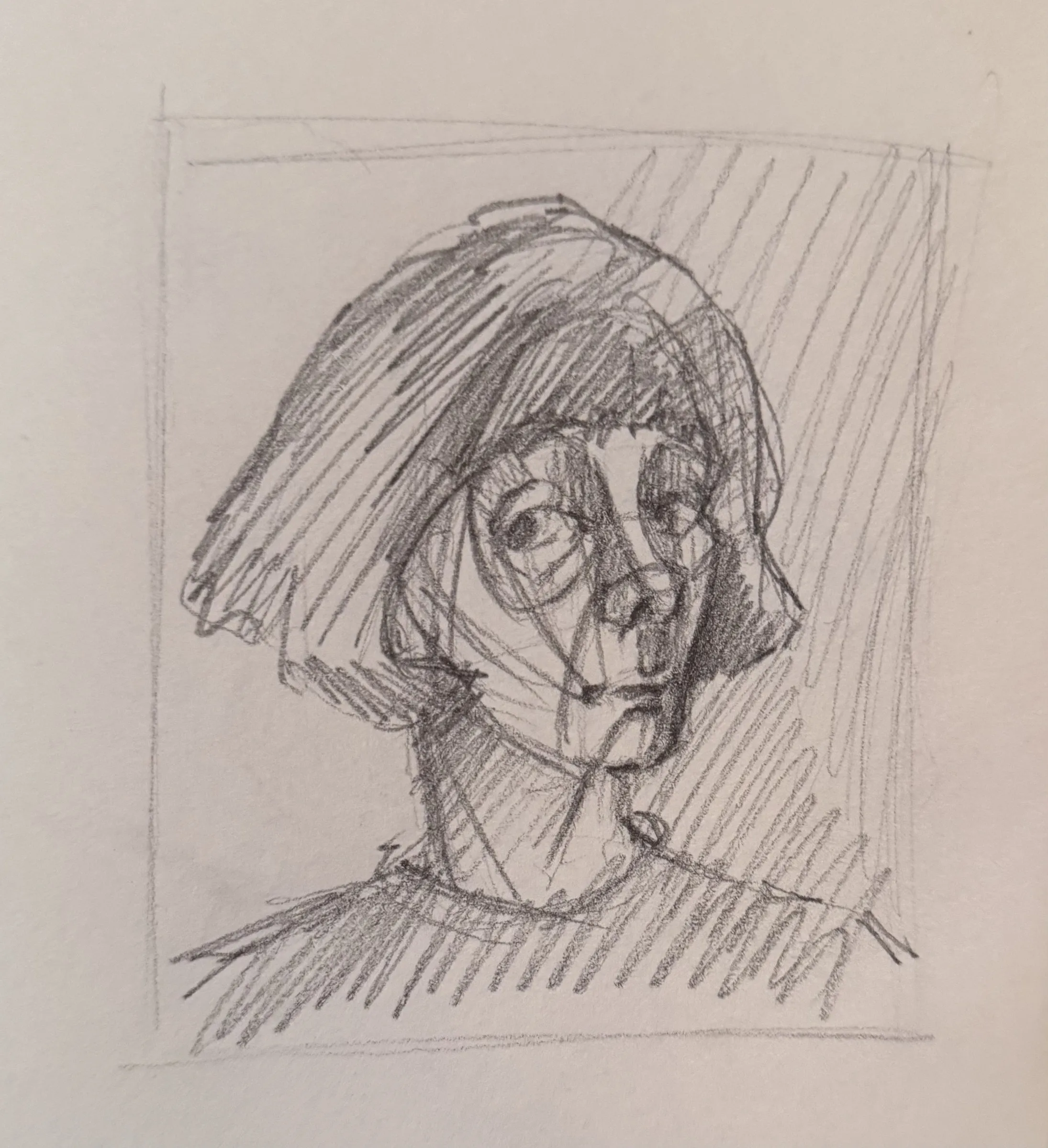 Pencil self-portrait study, sheet 8 of 16 — head and shoulders inside a drawn frame