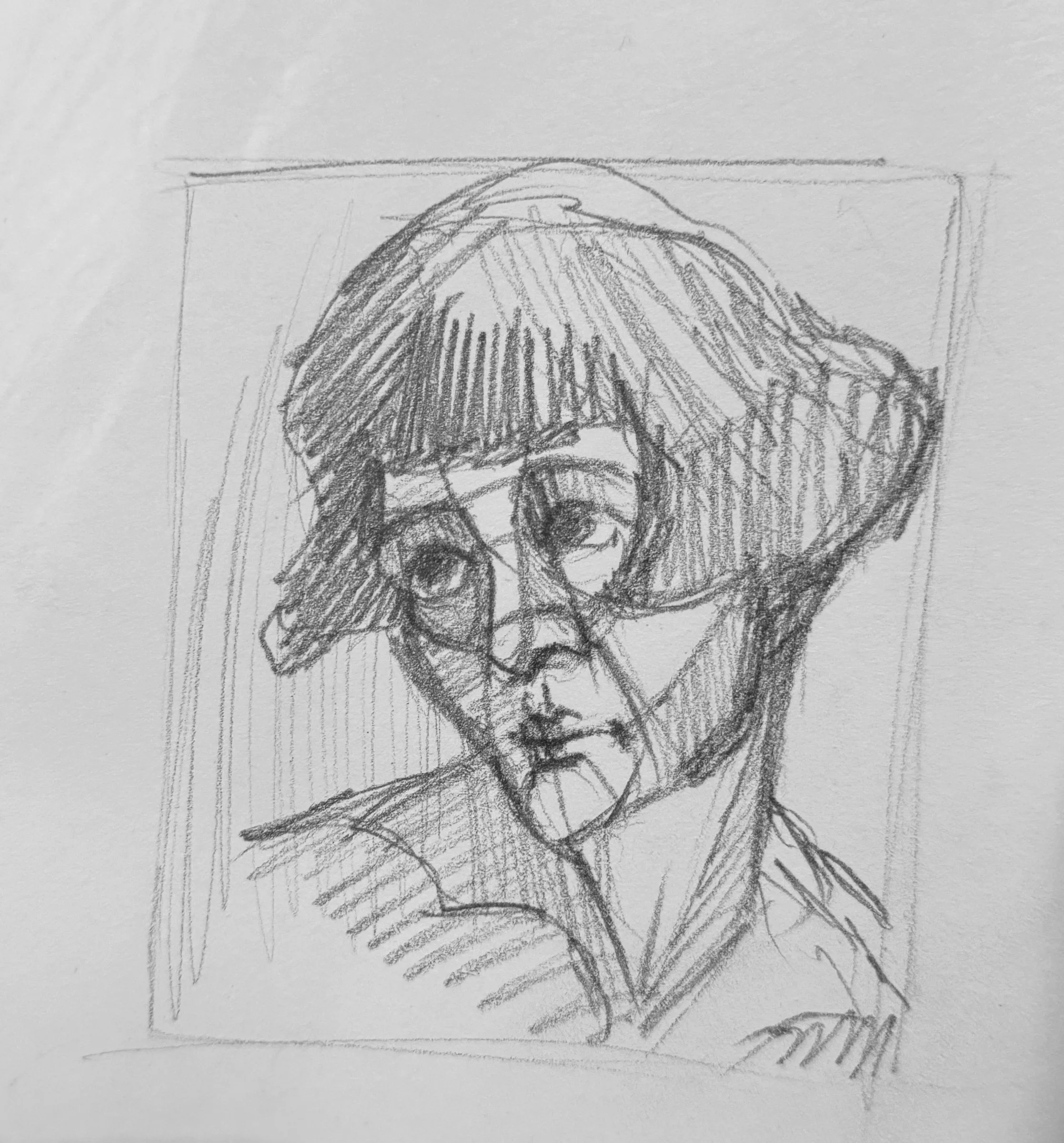 Pencil self-portrait study, sheet 9 of 16 — head and shoulders inside a drawn frame