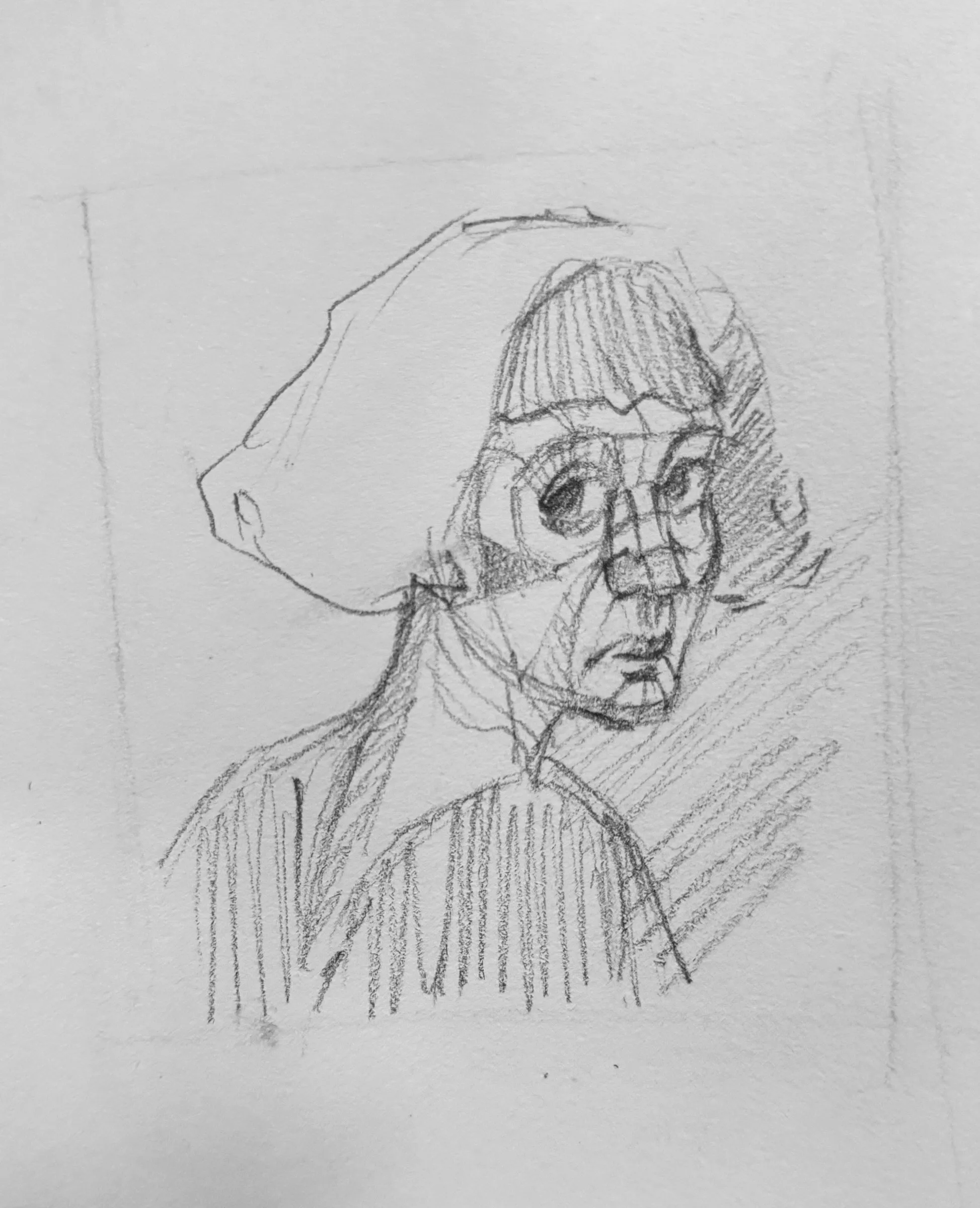 Pencil self-portrait study, sheet 10 of 16 — head and shoulders inside a drawn frame
