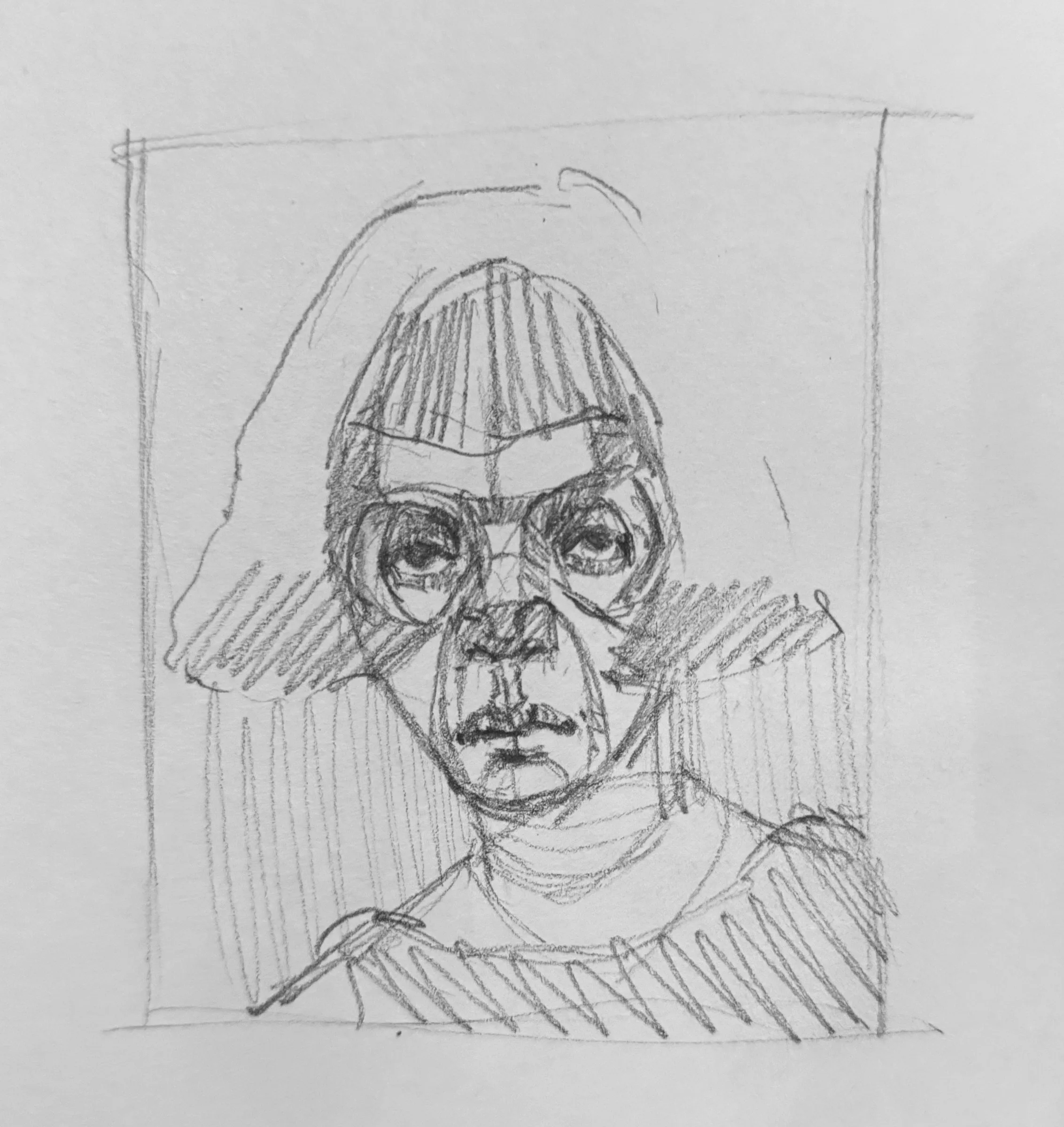 Pencil self-portrait study, sheet 11 of 16 — head and shoulders inside a drawn frame