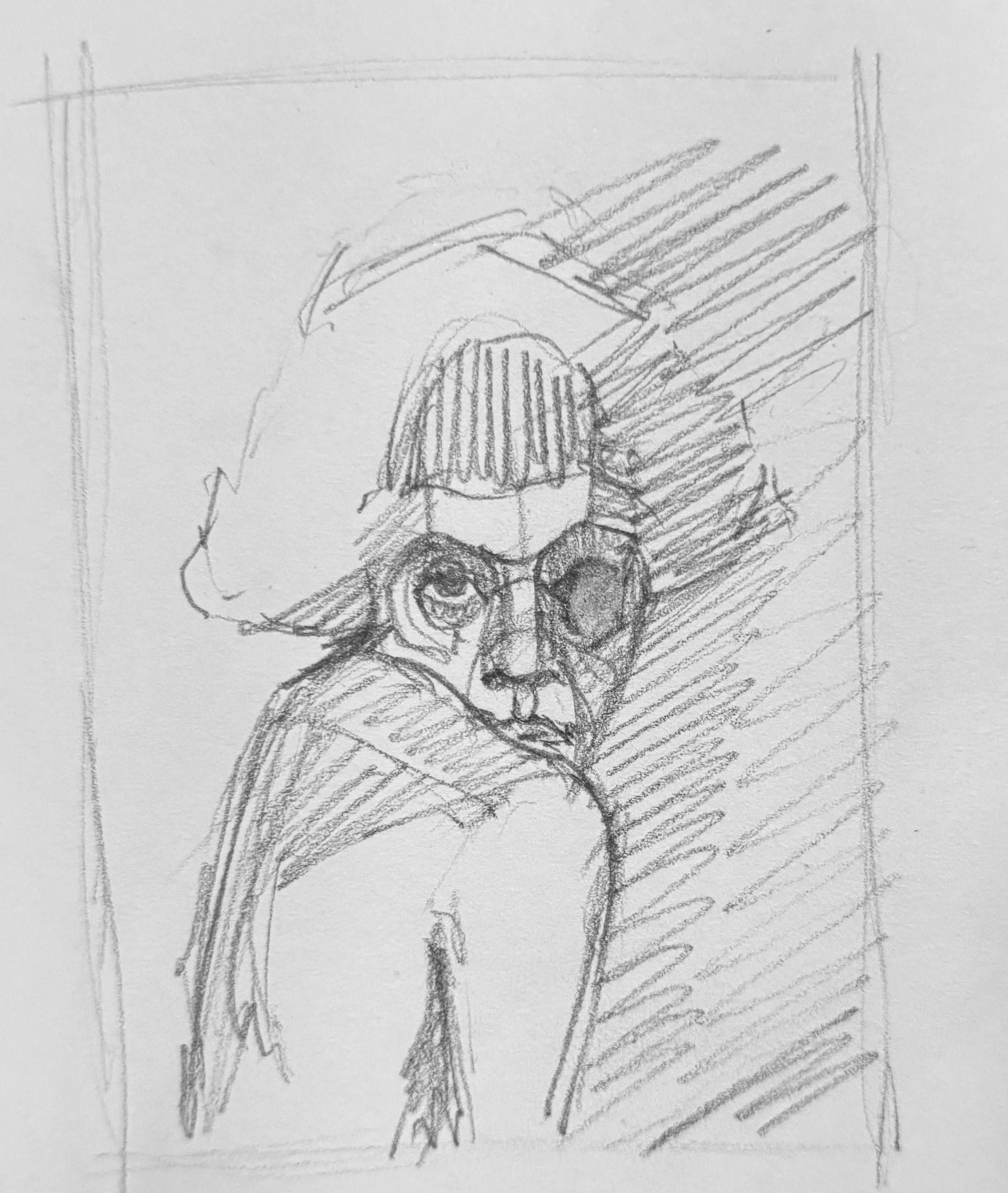 Pencil self-portrait study, sheet 12 of 16 — head and shoulders inside a drawn frame