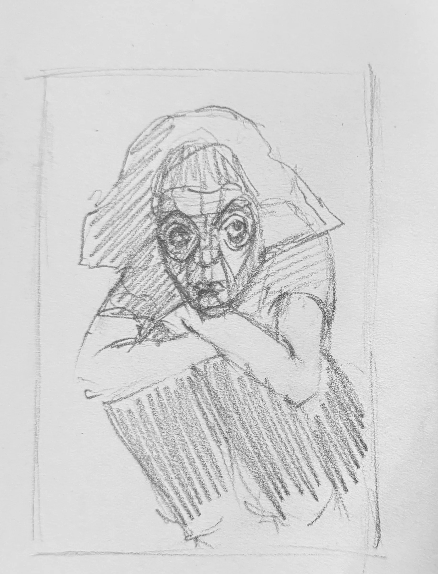 Pencil self-portrait study, sheet 14 of 16 — head and shoulders inside a drawn frame