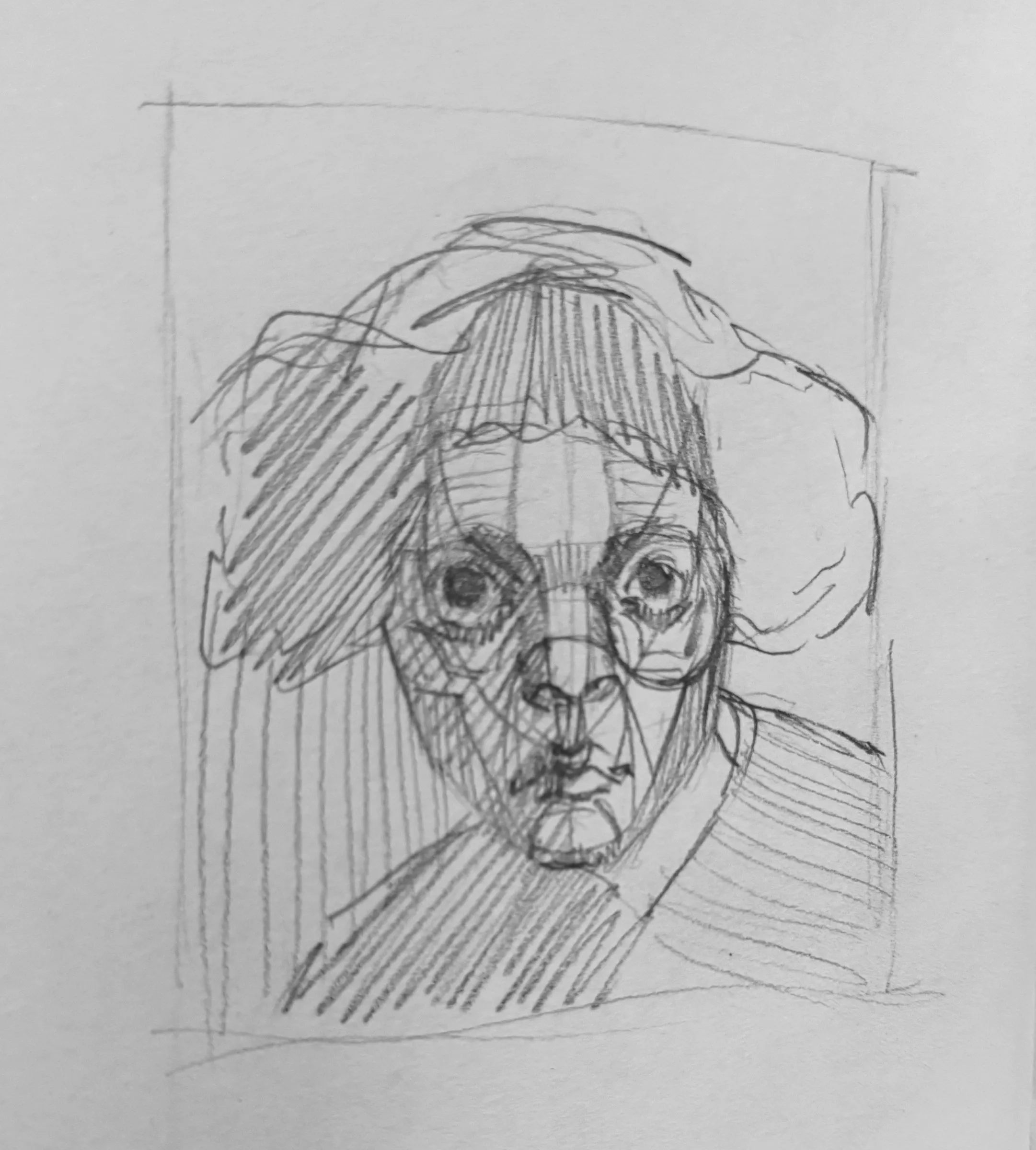 Pencil self-portrait study, sheet 15 of 16 — head and shoulders inside a drawn frame