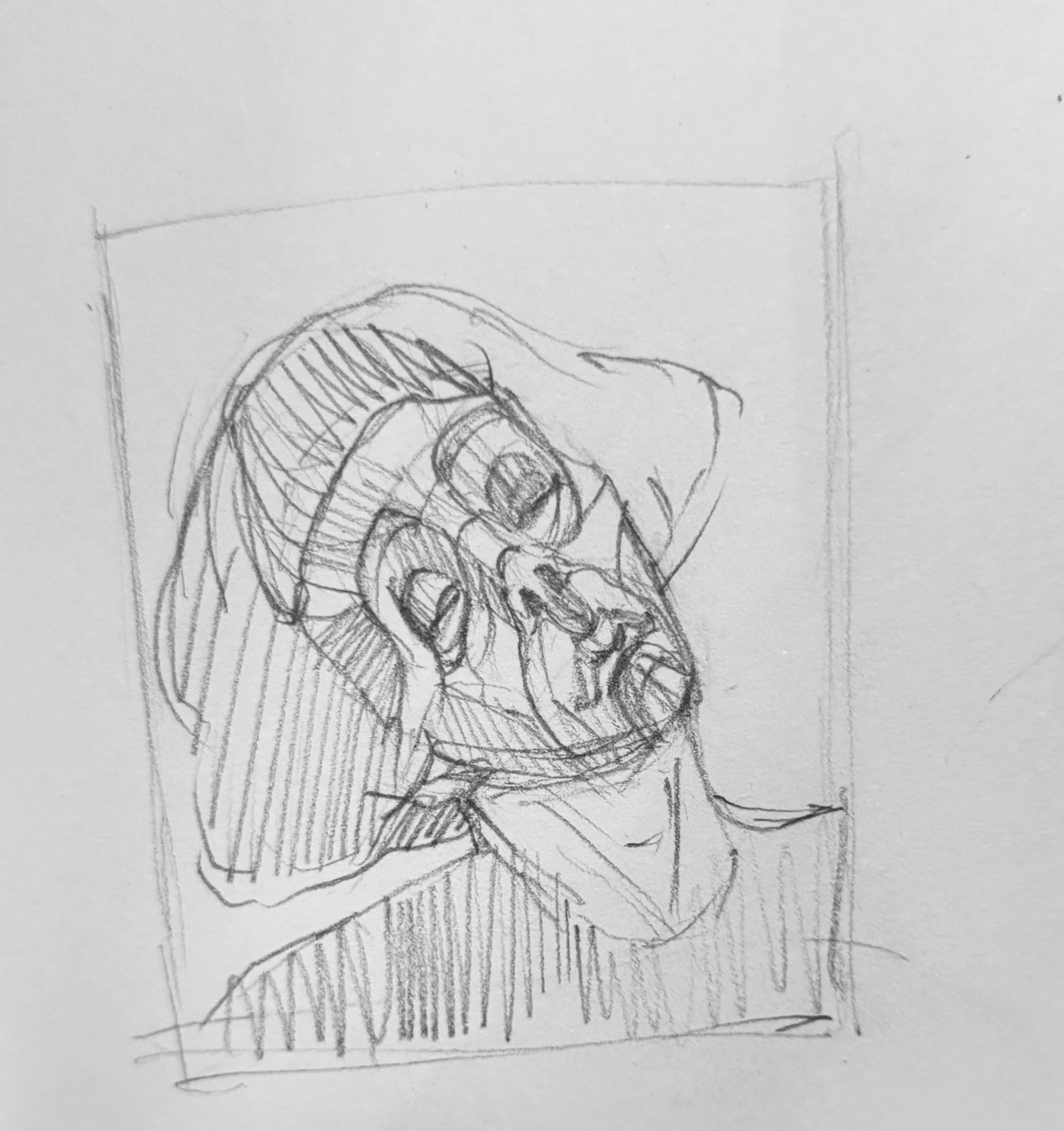 Pencil self-portrait study, sheet 16 of 16 — head and shoulders inside a drawn frame