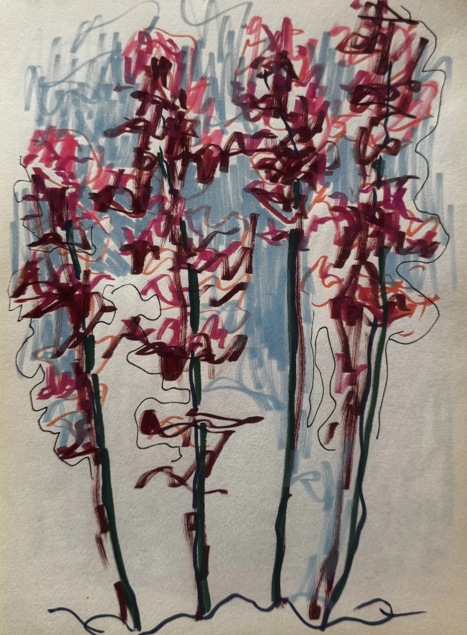 Marker sketch: crimson blossoming trees against a pale sky