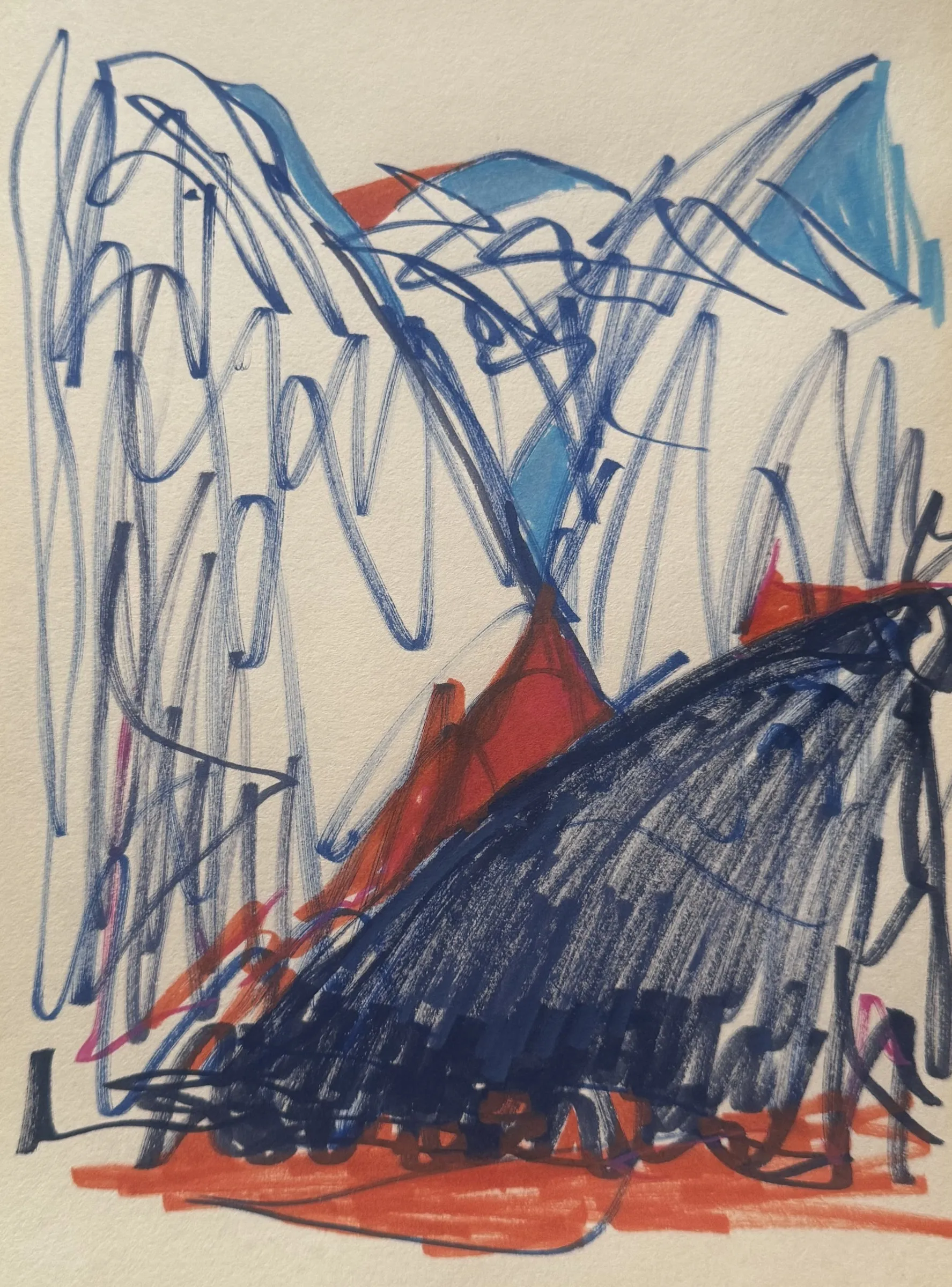 Marker sketch: blue and red mountain built from loose scribble