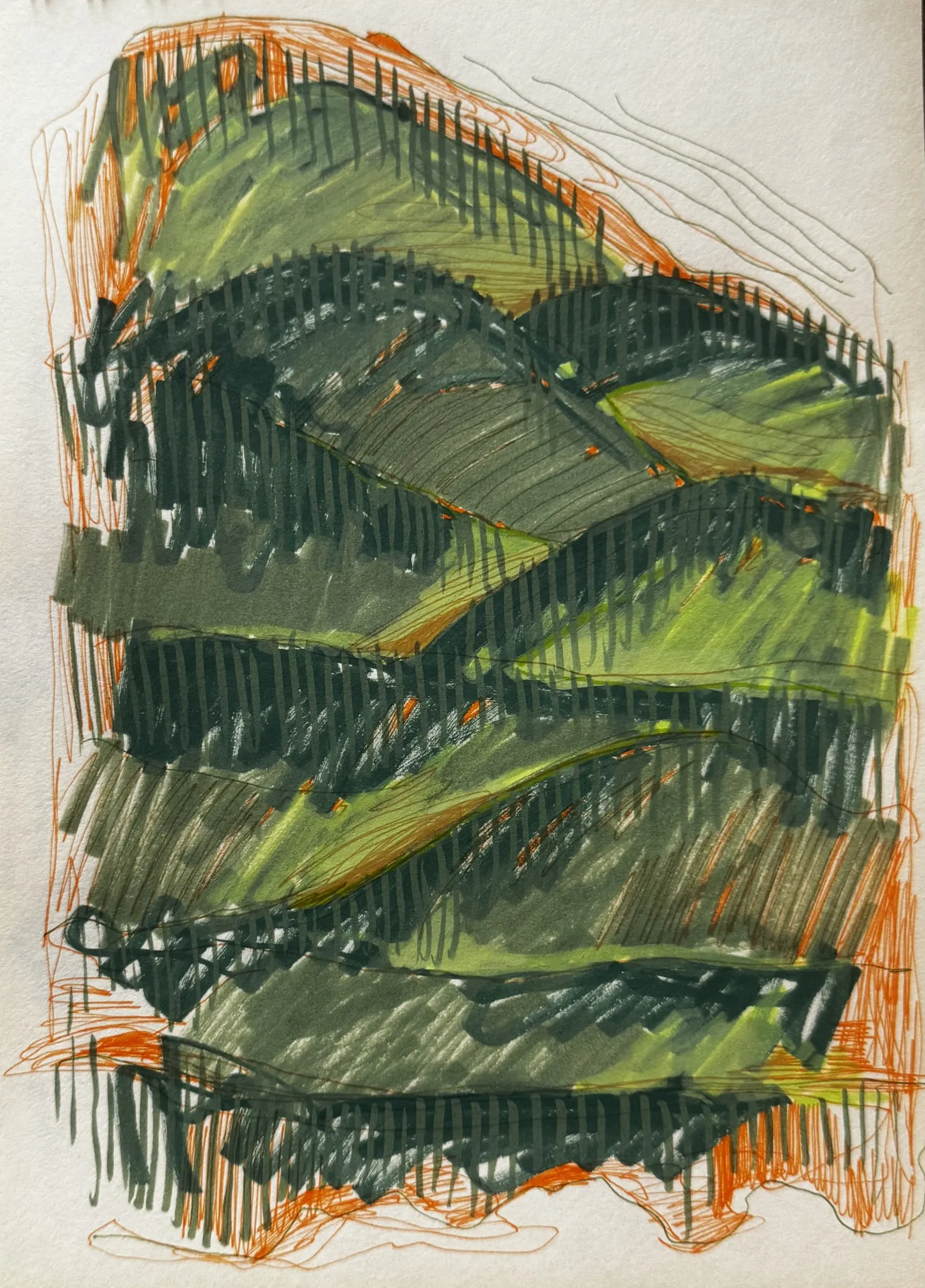 Marker sketch: terraced green hills edged in orange