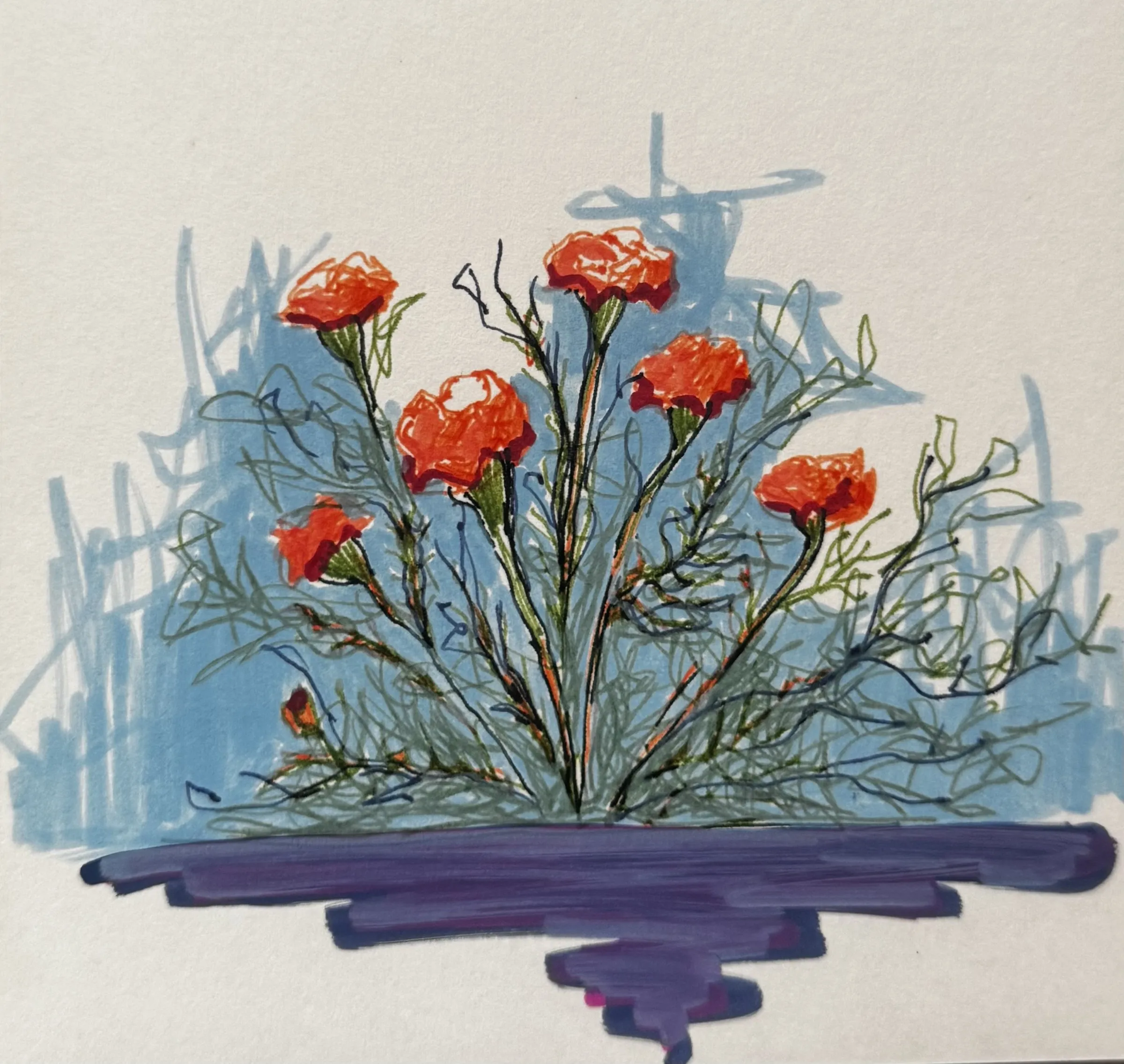 Marker sketch: red flowers over a blue field on a violet base