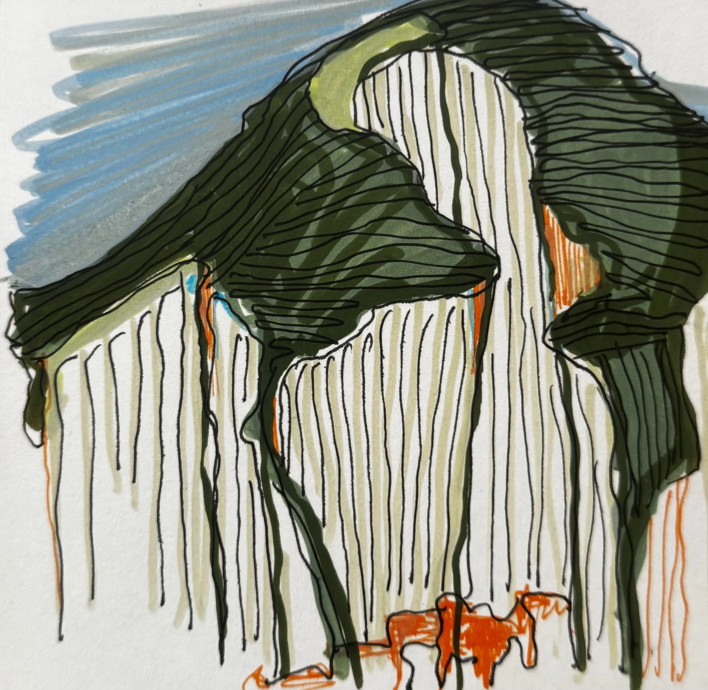 Marker sketch: dark green cliff with paint running downward