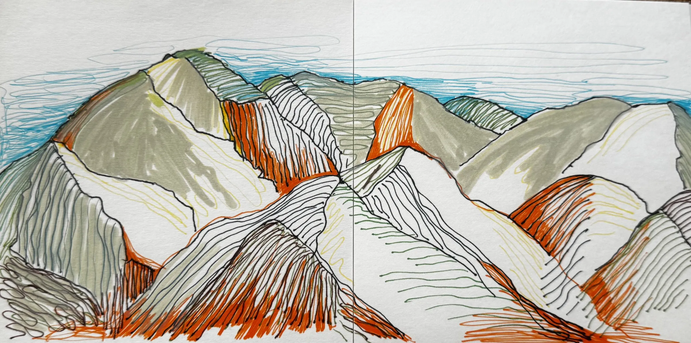 Marker sketch: wide panorama of pale ochre mountains