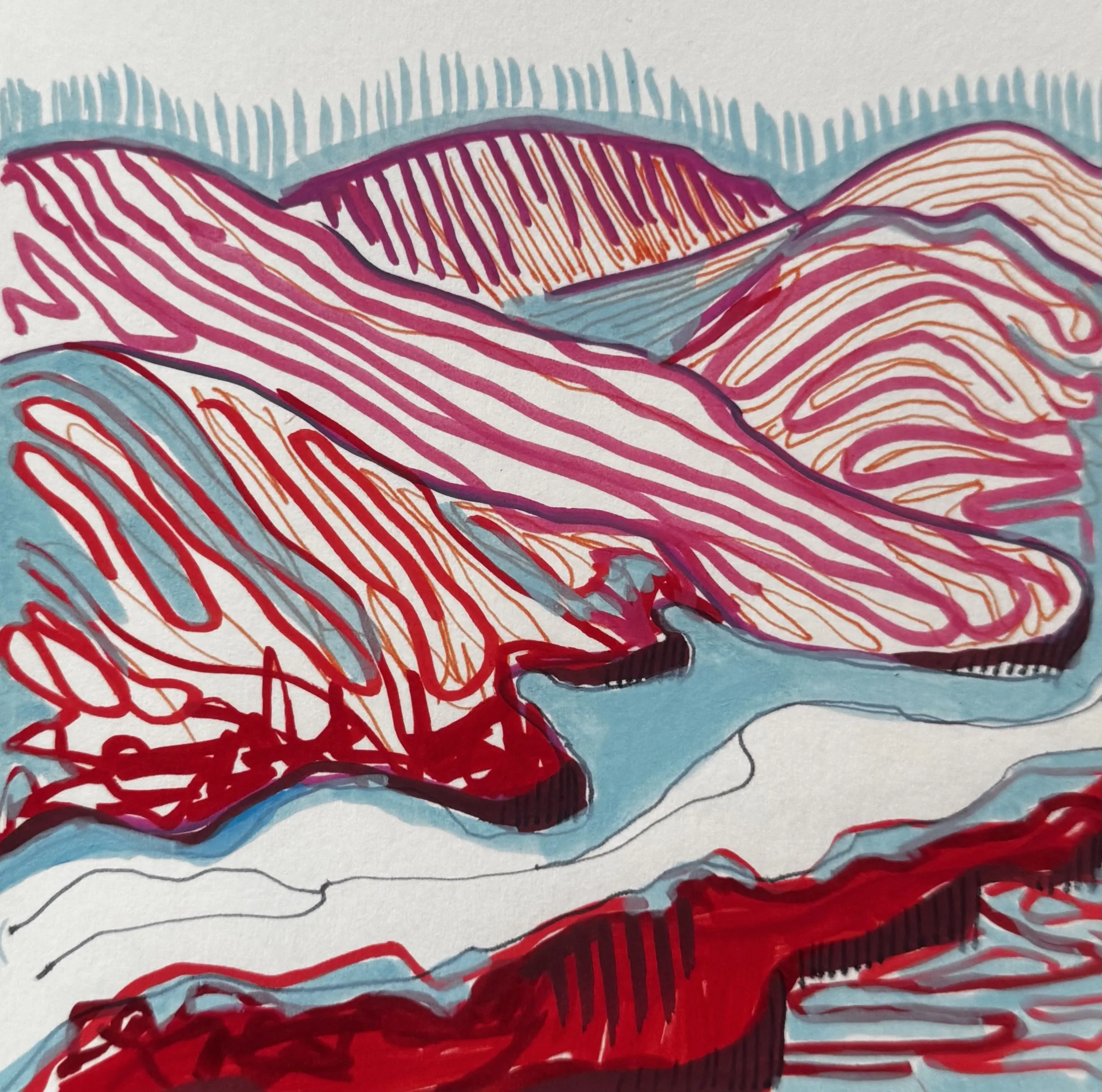 Marker sketch: pink and red striped hills above a river
